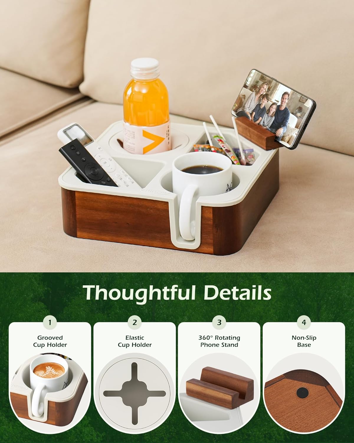 Couch Cup Holder Tray, Acacia Wood Couch Caddy With Cup Holder, Non-Slip Couch Organizer for Drinks, Snacks Remotes, Rounded Corners And Mug Slot Black