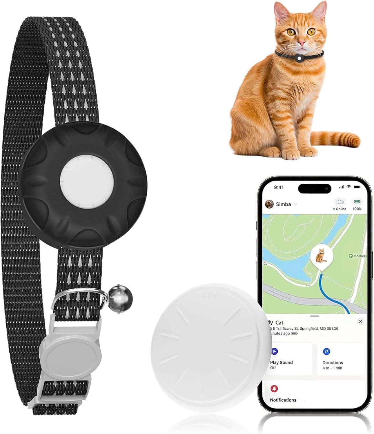 Cat Tracker, Waterproof Pet Tracker for Cats, Cat GPS Tracker Collar with Safety Elastic Buckle, Compatible with Apple Find My App (Only iOS), No Monthly Fee, Black