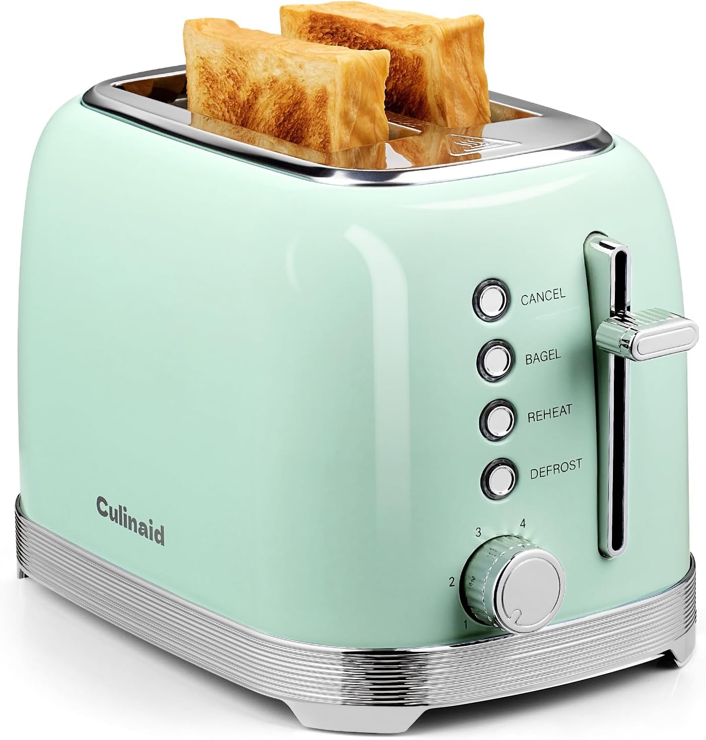 Toaster 2 Slice Retro Stainless Steel with 1.5” Extra Wide Slots Bagel, Defrost, Reheat, Cancel Functions, 6 Bread Shade Settings, Removable Crumb Tray, Aqua Green