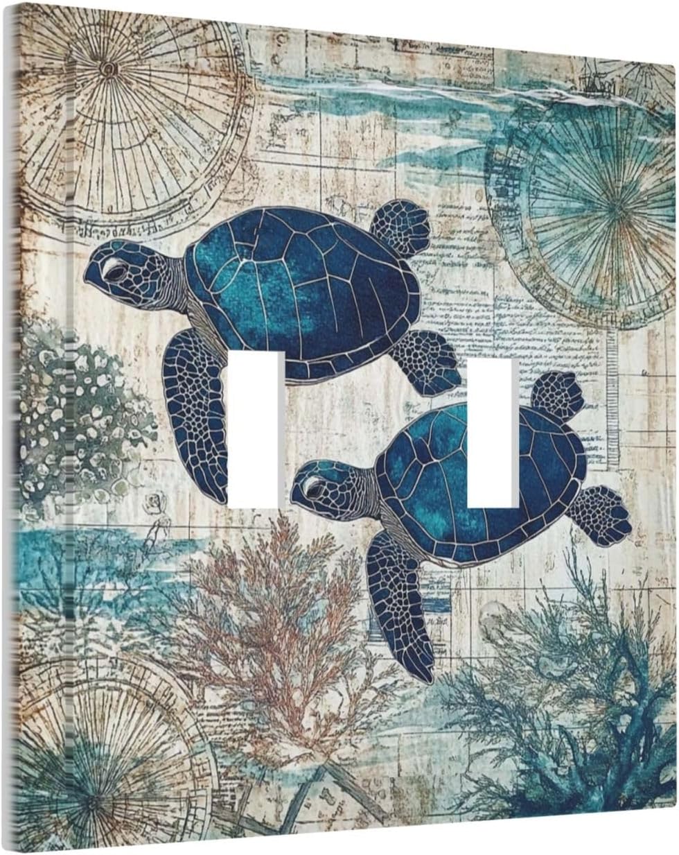 Blue Green Sea Turtle Tropical Ocean Coral Nautical Map Decorative Switch Plates 2 Gang Double Toggle Outlet Light Switch Cover Wall Plate Electrical Faceplate For Bed Room Bathroom Decor