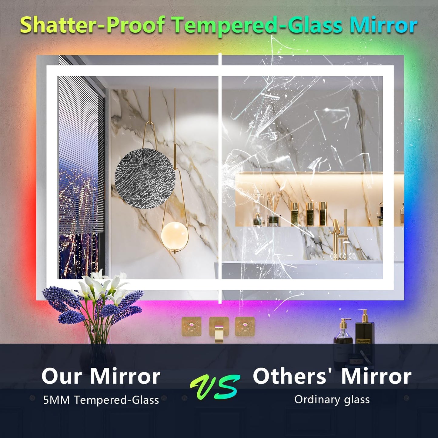 48x36 Inch RGB LED Bathroom Mirror Front Light and RGB Backlit Lighted Vanity Mirror for Bathroom Wall Mounted Dimmable Anti Fog Memory Shatter-Proof IP54 Waterproof Horizontal/Vertical