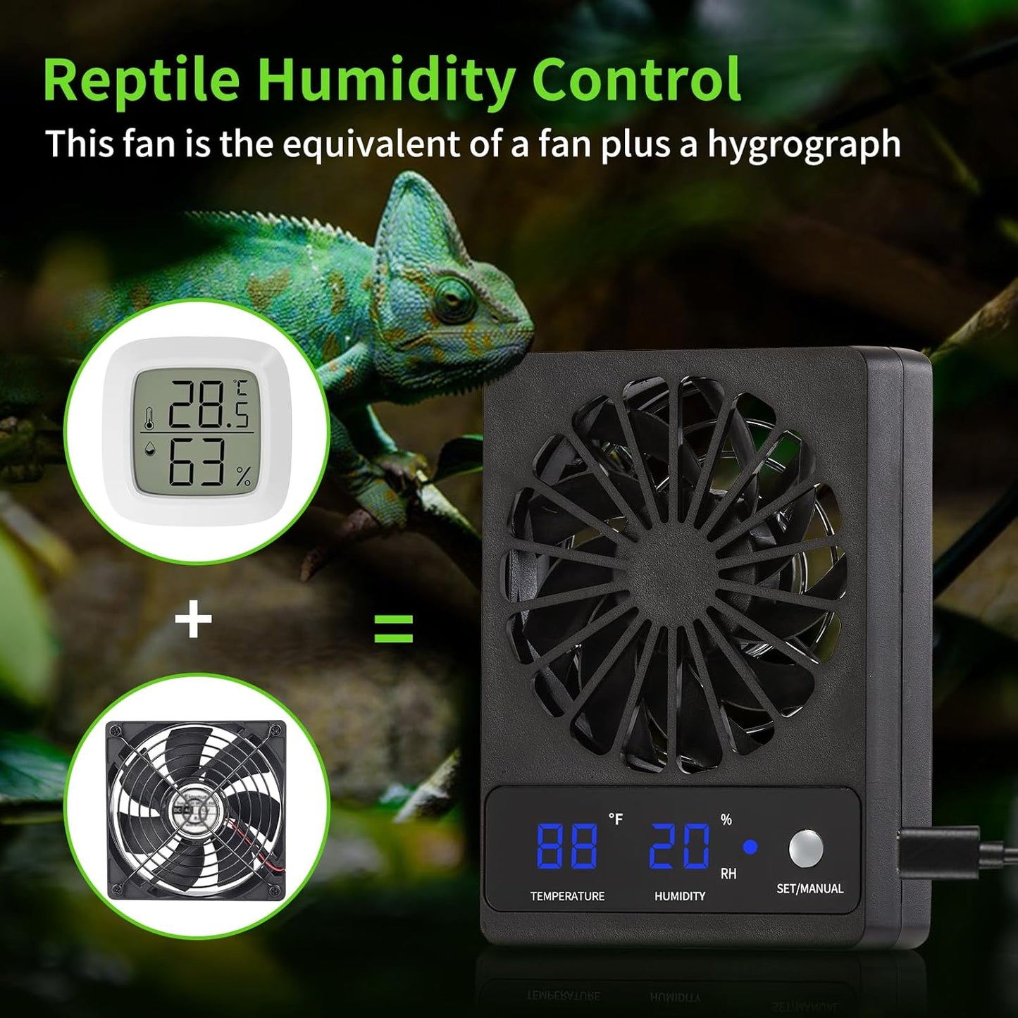 2 PCS Reptile Fans with Thermo-hygrometer | Real-Time Humidity Control Fan Dehumidifier for Enclosures, Aquariums & Terrariums