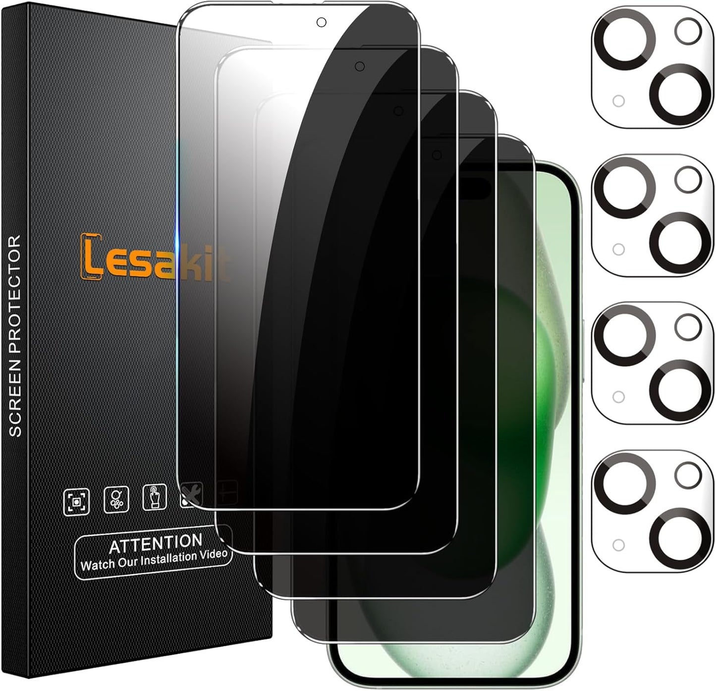 4+4 Pack Privacy Screen Protector for iPhone 15 6.1-Inch with 4 Pack Camera Lens Protector, Anti Spy Tempered Glass Film 9H Hardness Case Friendly
