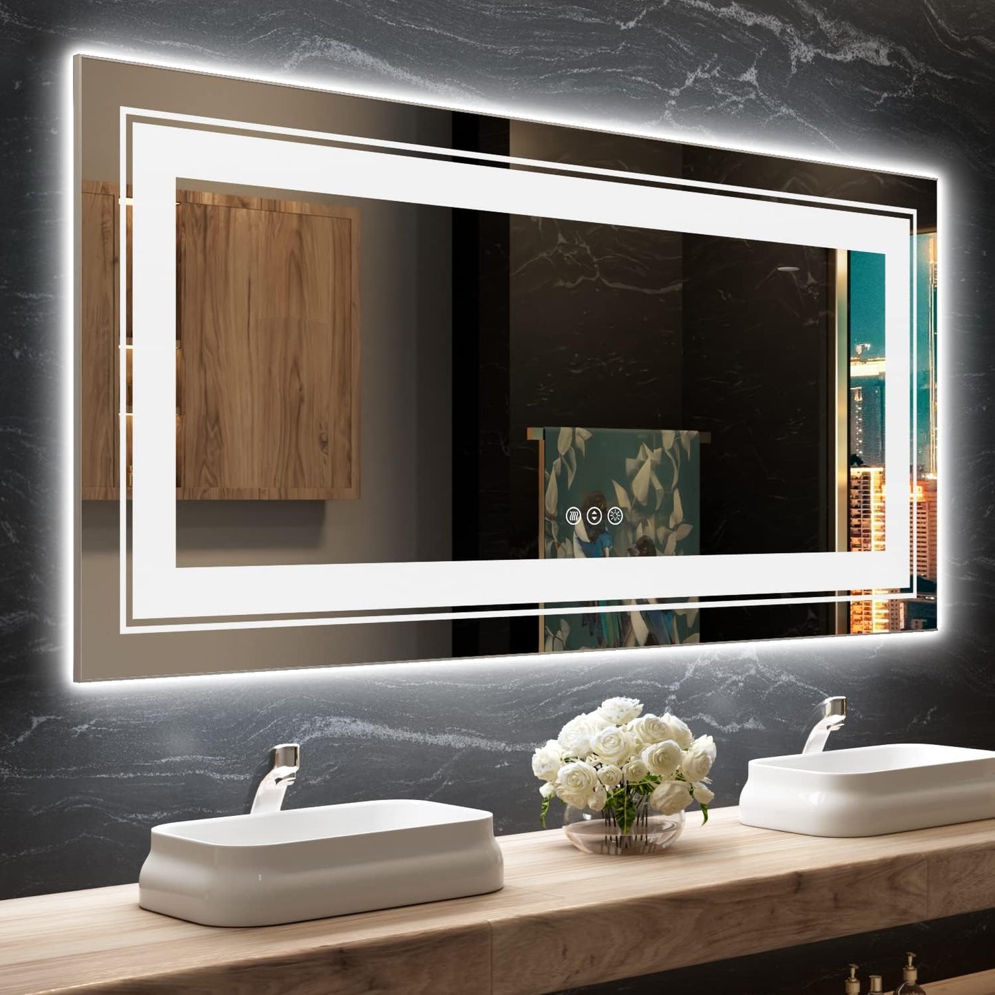 LED Bathroom Mirror, 60"X28" with Front and Backlit, Anti-Fog, Large Bathroom Vanity Mirror for Wall, Memory Function, Stepless Dimmable, Tempered Glass (Horizontal/Vertical)