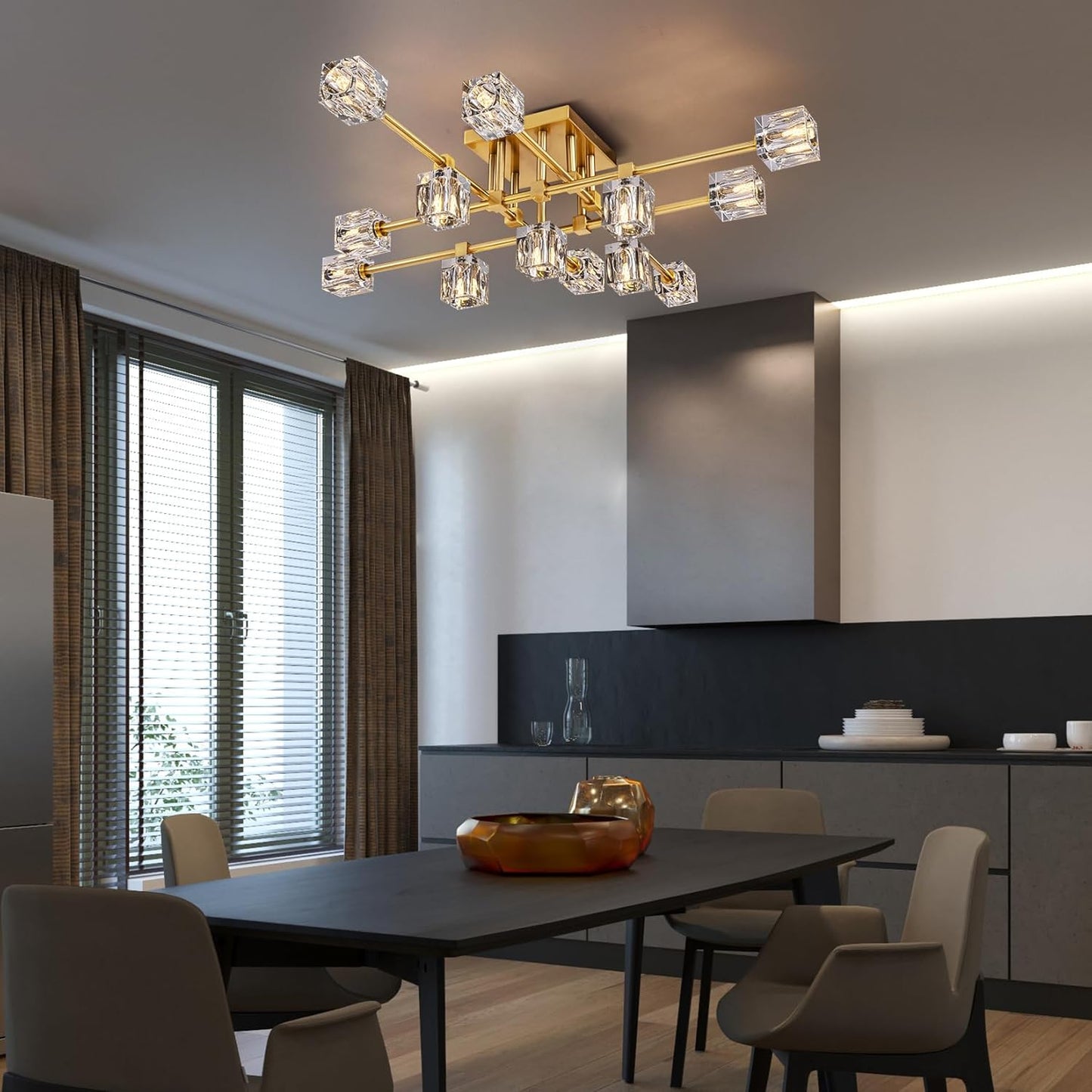 Semi Flush Mount Ceiling Light Fixture,13-Lights Modern Gold K9 Crystal Chandeliers,Farmhouse Light Fixtures Ceiling Sputnik Lights for Bedroom,Living Room,Dining Room,Kitchen,Entryway