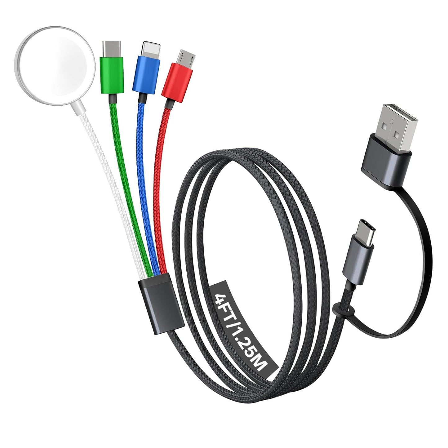 Travel Essentials, 4 in 2 Multi Charging Cable for Apple Watch Charger/iPhone Charger,USB C Cable Cord for iPhone 17-11/iWatch Ultra/10-2/Galaxy S25-S20, Android Phones, MP3-MultiColor,4FT