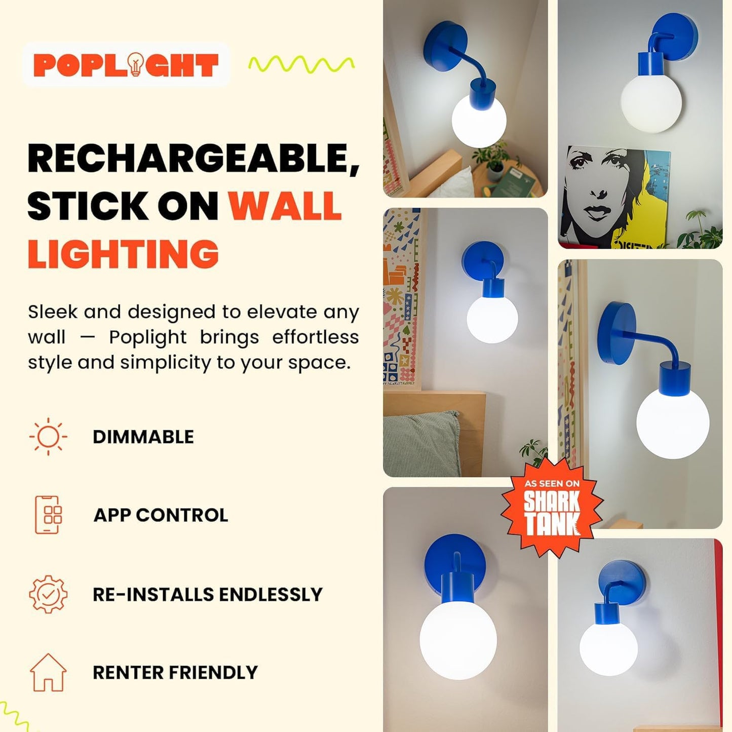 Wireless Wall Sconce (Shark Tank) Rechargeable & Dimmable LED Light w/App Control & Damage-Free Install, Moveable Modern Ambient Lighting for Elegant Home & Bedroom Decor | Blue