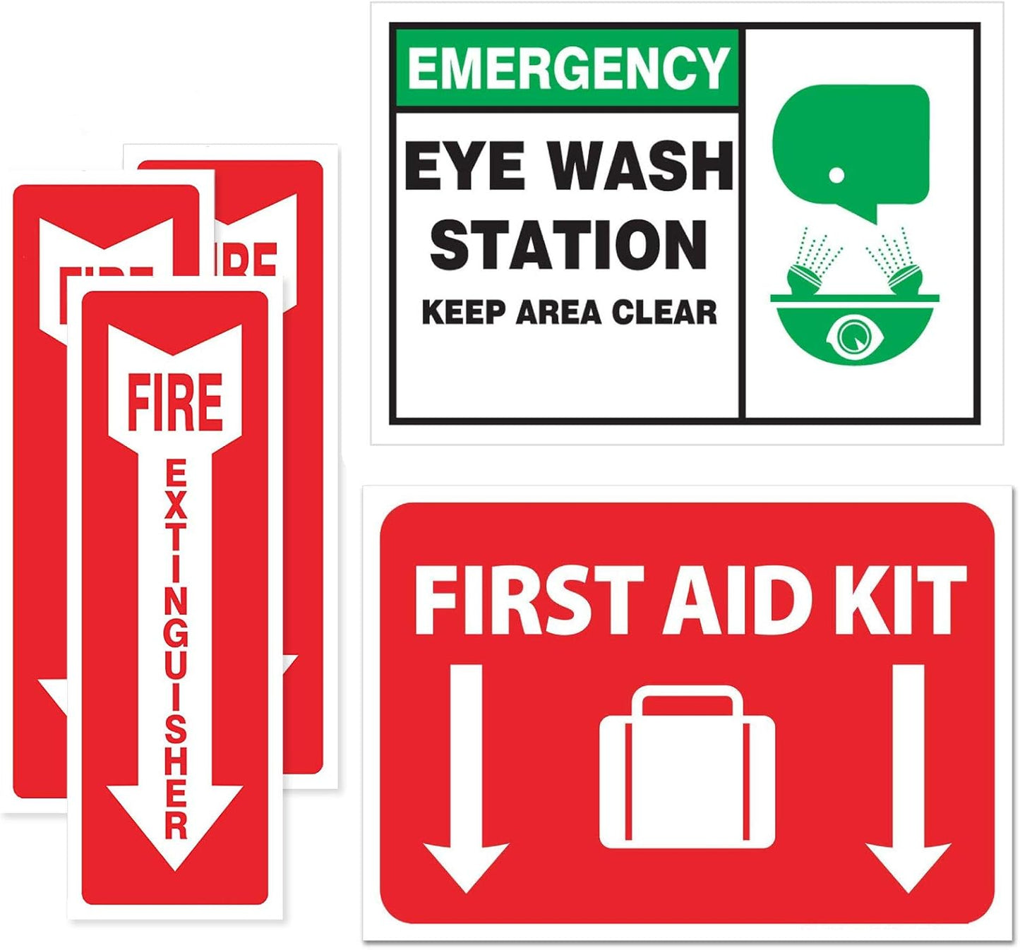 Emergency Safety Sticker Sign | FULL SET | Fire Extinguisher Arrow | Eye Wash Station | First Aid | OSHA Requirement (5-pack)