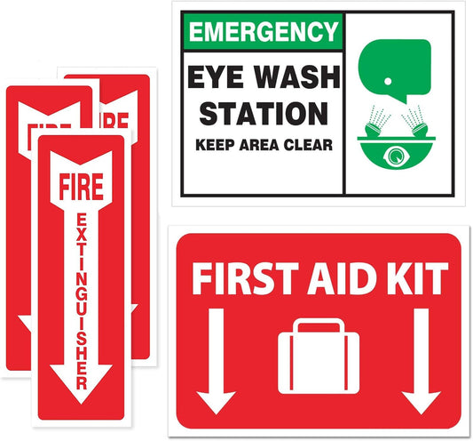 Emergency Safety Sticker Sign | FULL SET | Fire Extinguisher Arrow | Eye Wash Station | First Aid | OSHA Requirement (5-pack)