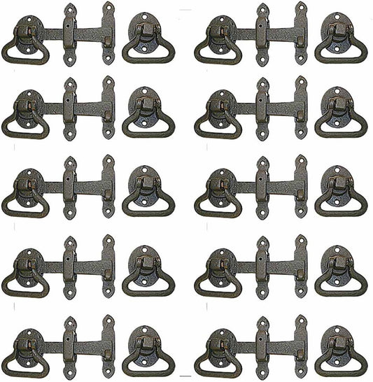 Black Wrought Iron Gate Turn Latch Lock Set 6.5 Inches W Heavy Duty Rust Resistant Powder Coated Barn Door, Fence Or Gate Ring Latches With Mounting Hardware Renovators Supply Manufacturing Pack Of 10