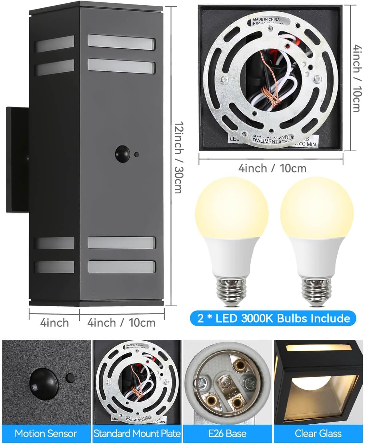 Motion Sensor Outdoor Lights, Modern Outdoor Wall Lights with E26 Base, Black Motion Detector Lights for Outside, Waterproof Sconce Exterior Lights for House Porch Front Door, Bulbs Included