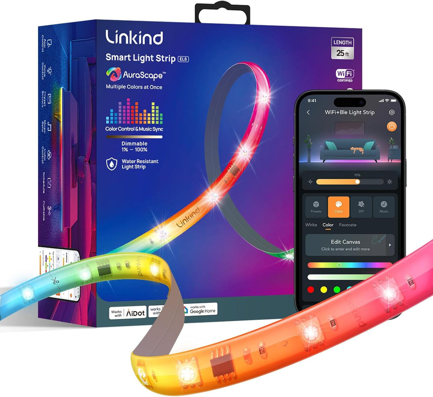Linkind LED Strip Lights RGB 25ft, Smart Light Strip Work with Alexa and Google Home, App Control Music Sync Segmented Color Changing Led Lights for Bedroom Kitchen