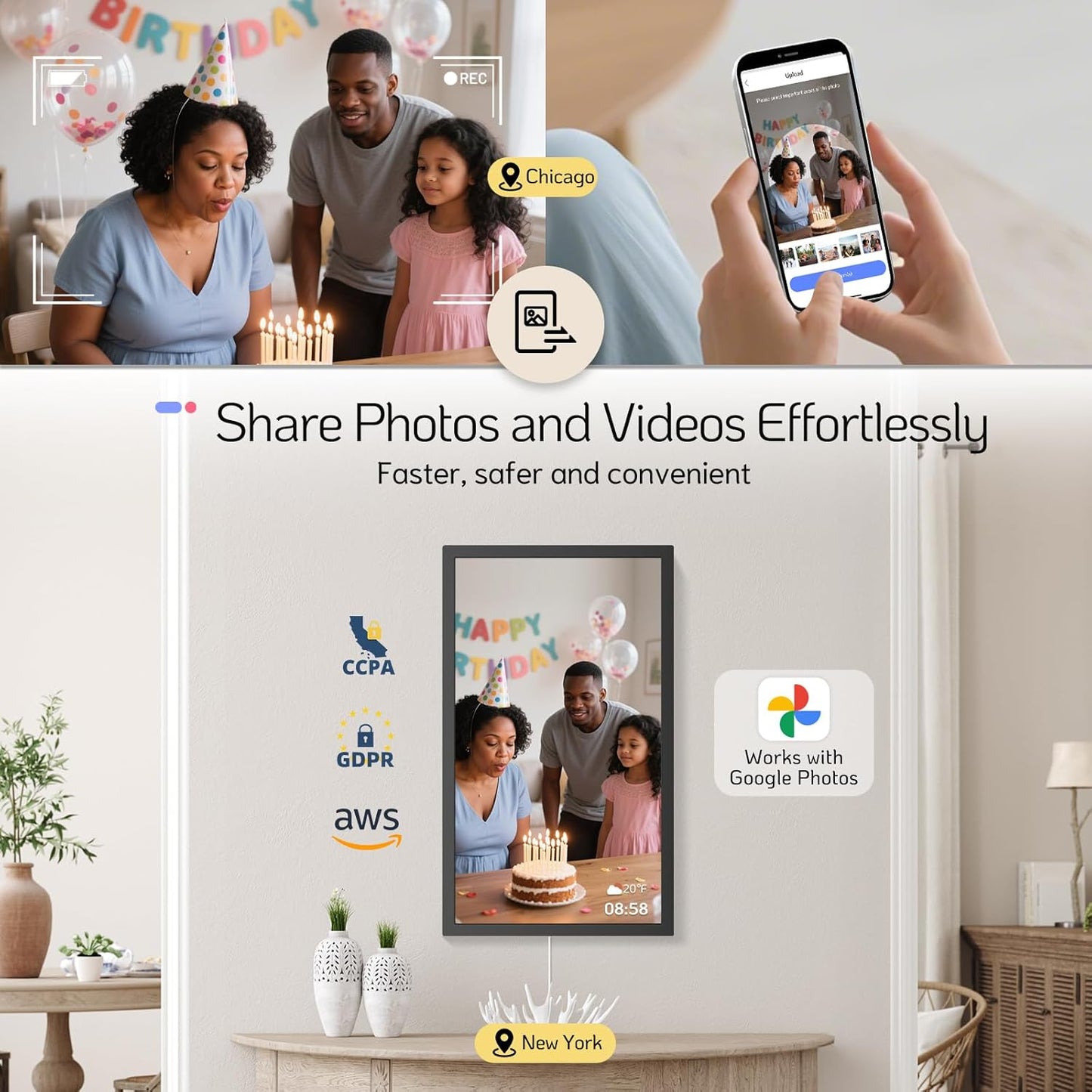 NexFoto 24 Inch Touchscreen Digital Picture Frame Large, WiFi Electronic Photo Frame 64GB, Add Pics from Google Photos, Upload Photos/Videos via App/USB, for Mom/Grandparents, Black