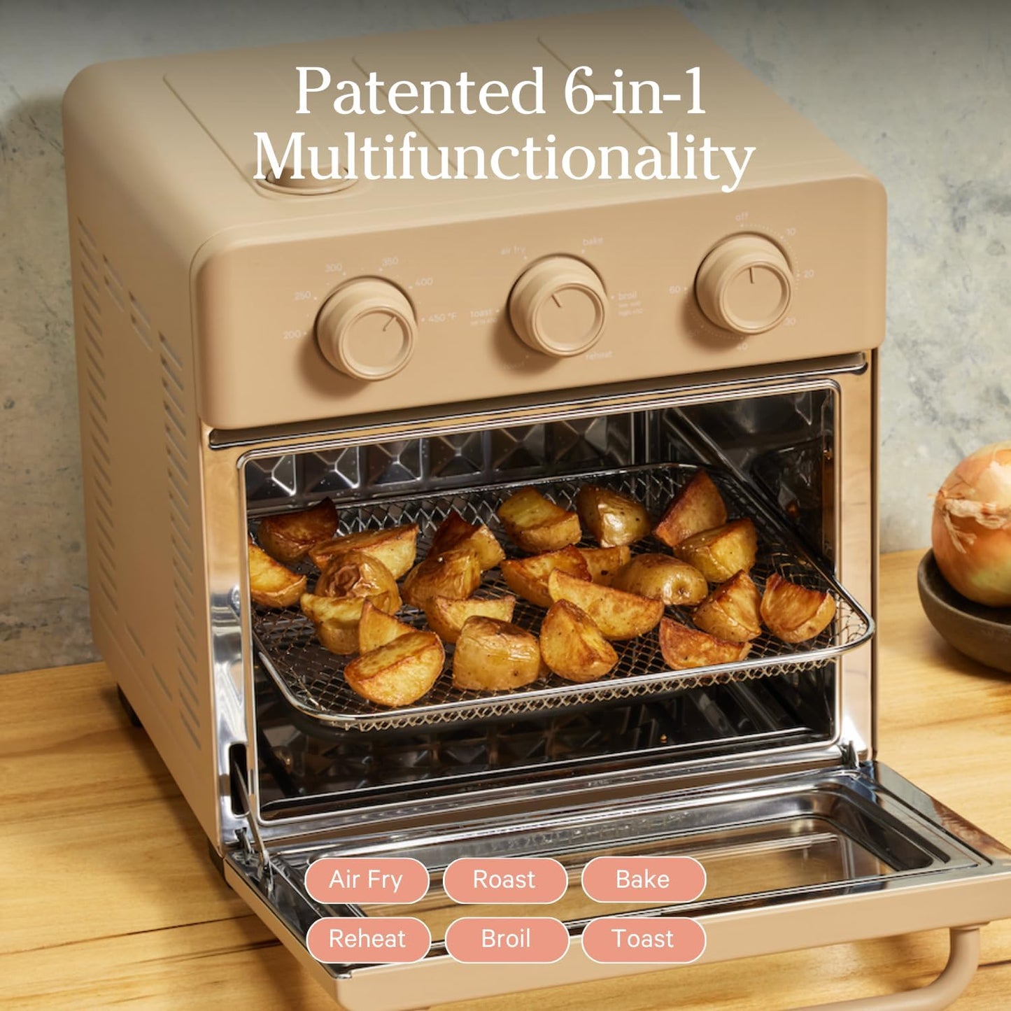 Our Place Wonder Oven | 6-in-1 Stainless Steel Air Fryer Toaster Oven Combo with Basket, Rack, Pan & Tray | Compact 13 QT Countertop Capacity - Toast, Roast, Bake, Reheat, Broil & Steam | Steam