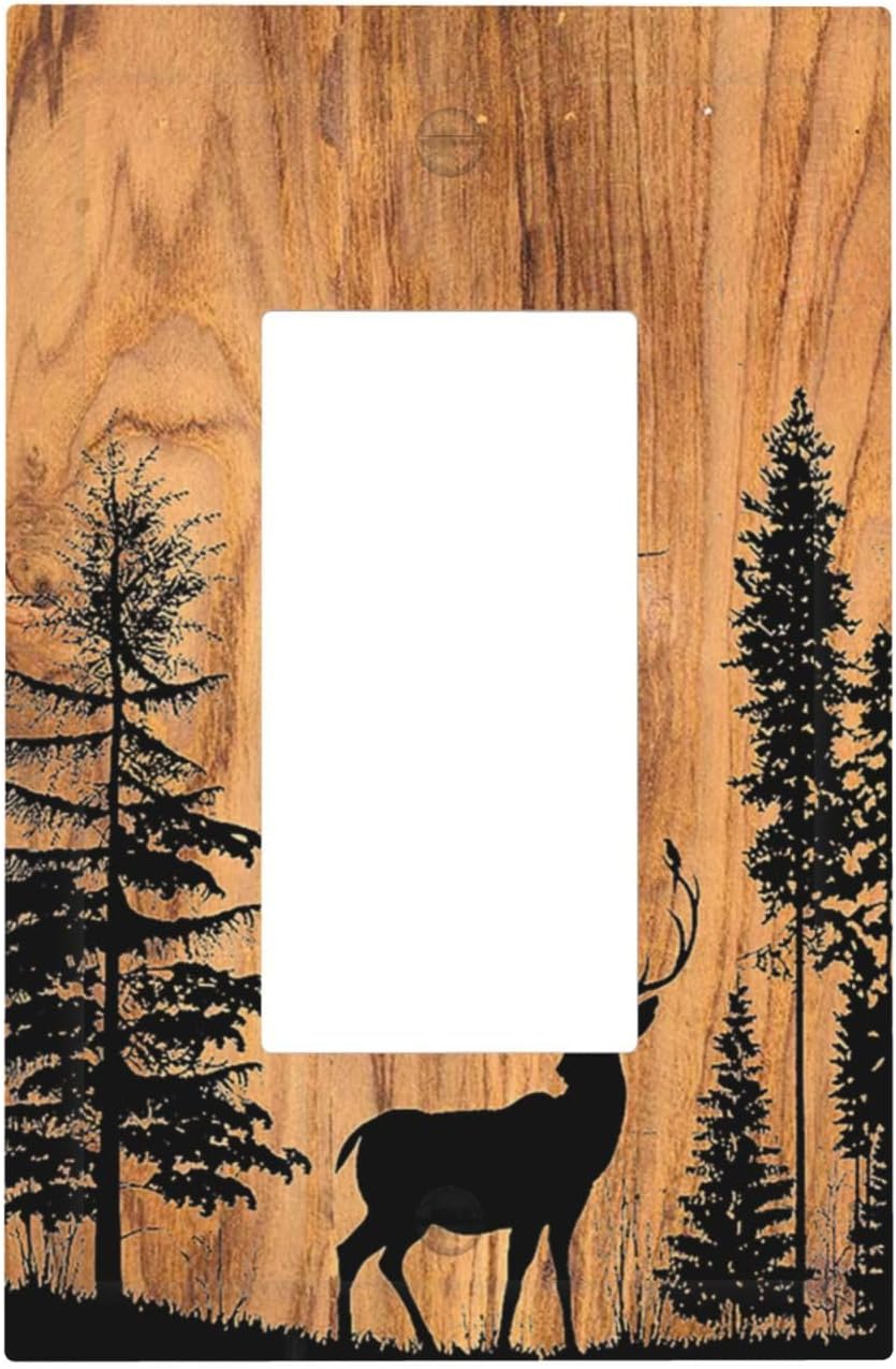 Decorative Outlet Covers Rustic Farmhouse Orange Brown Pine Tree Deer Wood Grain 1 Gang Single Rocker Light Switch Cover Plate Wall Plates GFCI Faceplate for living Room Cabin Decor