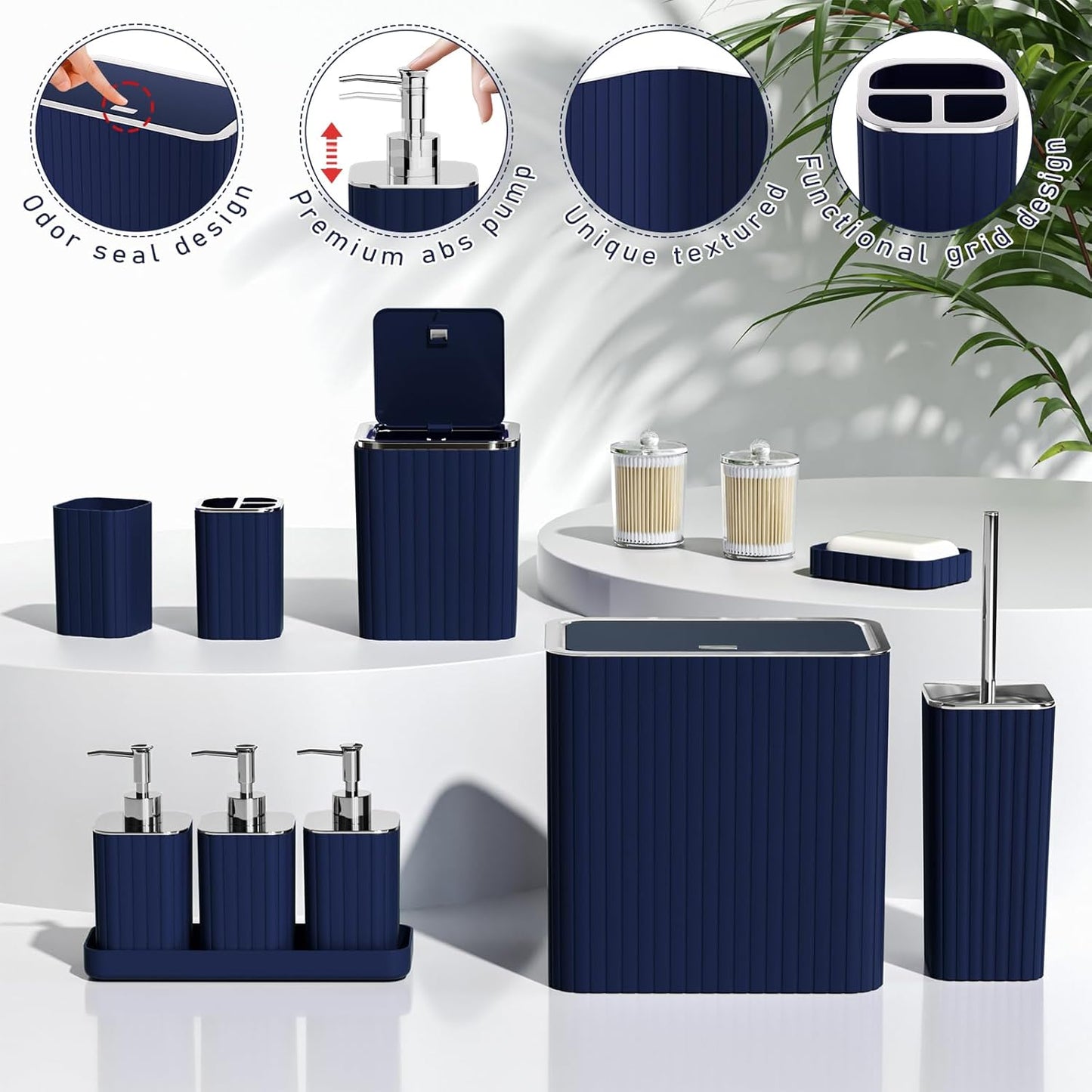 Bathroom Accessory Set - Bathroom Set, 27PC Bathroom Accessories Set, Navy Blue Bathroom Sets with Shower Curtain and Rugs, Mini Trash Can, Toilet Brush, Trash Can & Soap Dispenser