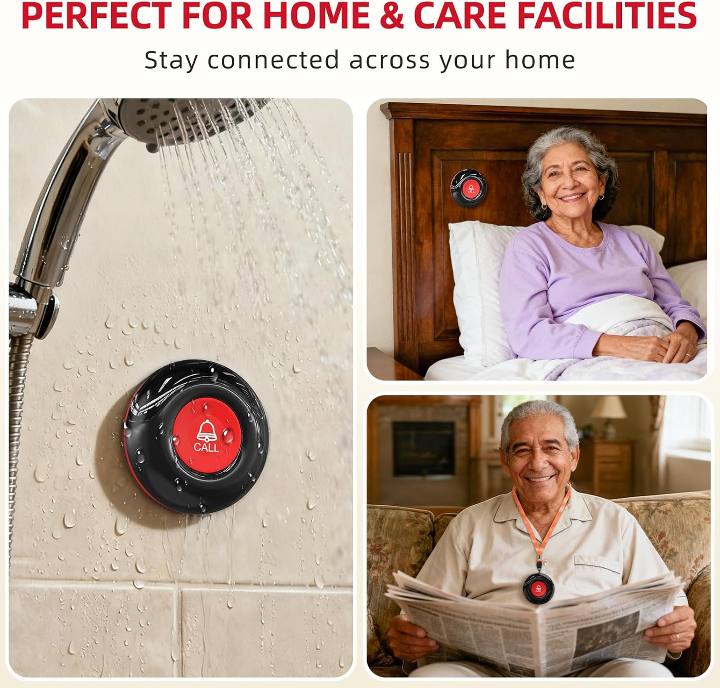 CallToU Caregiver Call Button Wireless Call Bell Alert Button for Seniors/Patients Call Light System for Elderly Home 2 Plugin Receiver 4 Waterproof Transmitter