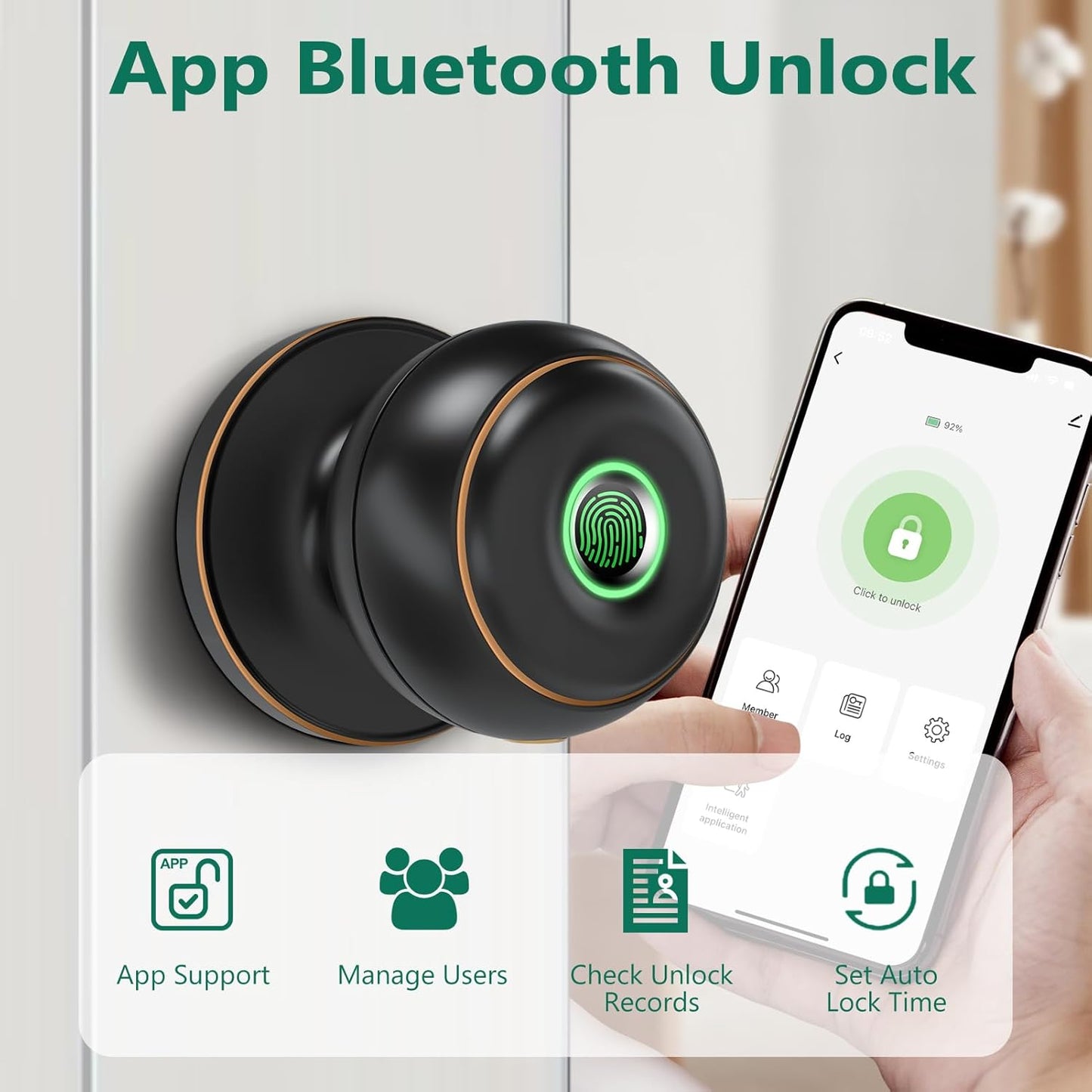 GeekTale Fingerprint Door Lock, Smart Lock with App, Biometric Door Lock, Thumbprint Door Knob, Smart Fingerprint Door Knob for Bedroom, Office, Apartment
