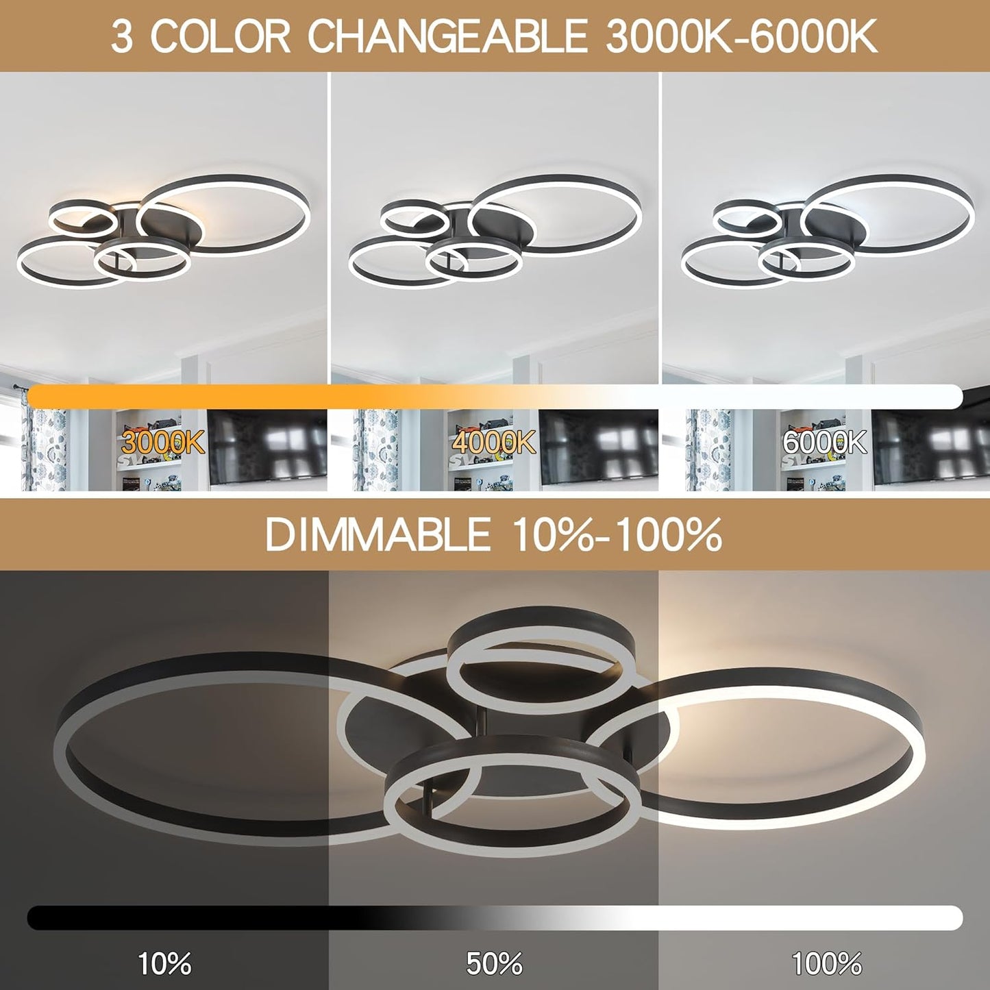 O'NEELDY Flush Mount Modern Ceiling Light Black Led Modern Light Fixtures Ceiling Mount Lights 4 Rings Led Chandelier Lamp Fixture with Remote for Living Room Kitchen Dining Room Bedroom