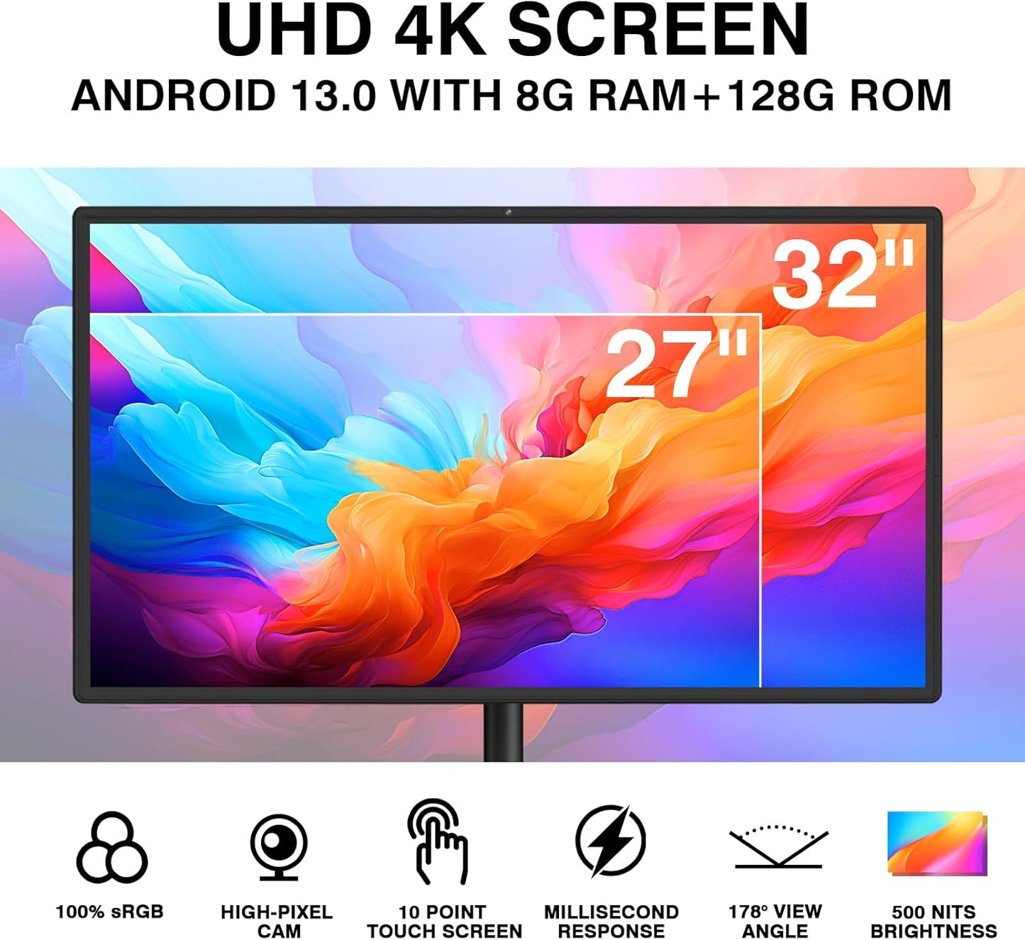 Portable Smart Screen On Wheels, 4K Touchscreen Display, Build-in 4K Camera, Rolling TV Android 13 OS, Built-in Battery (5-8H), Remote Control, 8+128GB Storage (Black/32 inches Ultra)