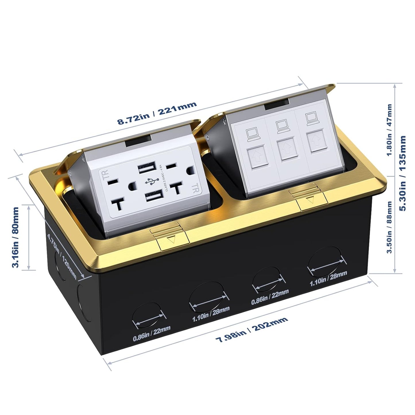 KYHSHJ Dual Pop-Up Floor Electrical Outlet Box Kit，20 Amp Stainless Steel USB TR Receptacle Outlet，3-Port RJ45 Datacom Receptacle，Waterproof Gasket with IP44 Waterproof Rating, ETL Listed, Brass