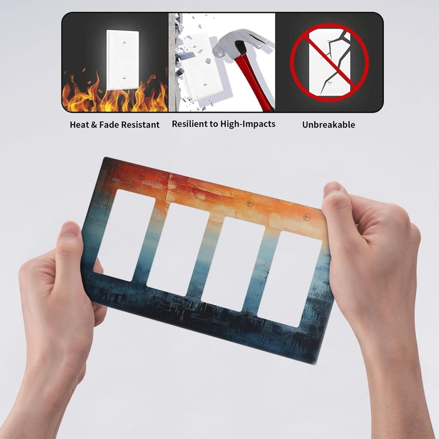 Blue Orange Abstract Modern Minimalist Oil Painting 4 Gang Wall Plates Outlet Covers Quad Rocker Light Switch Cover Plate Decorative Switch Plates GFCI Electrical Faceplate 4.5 X 8 IN