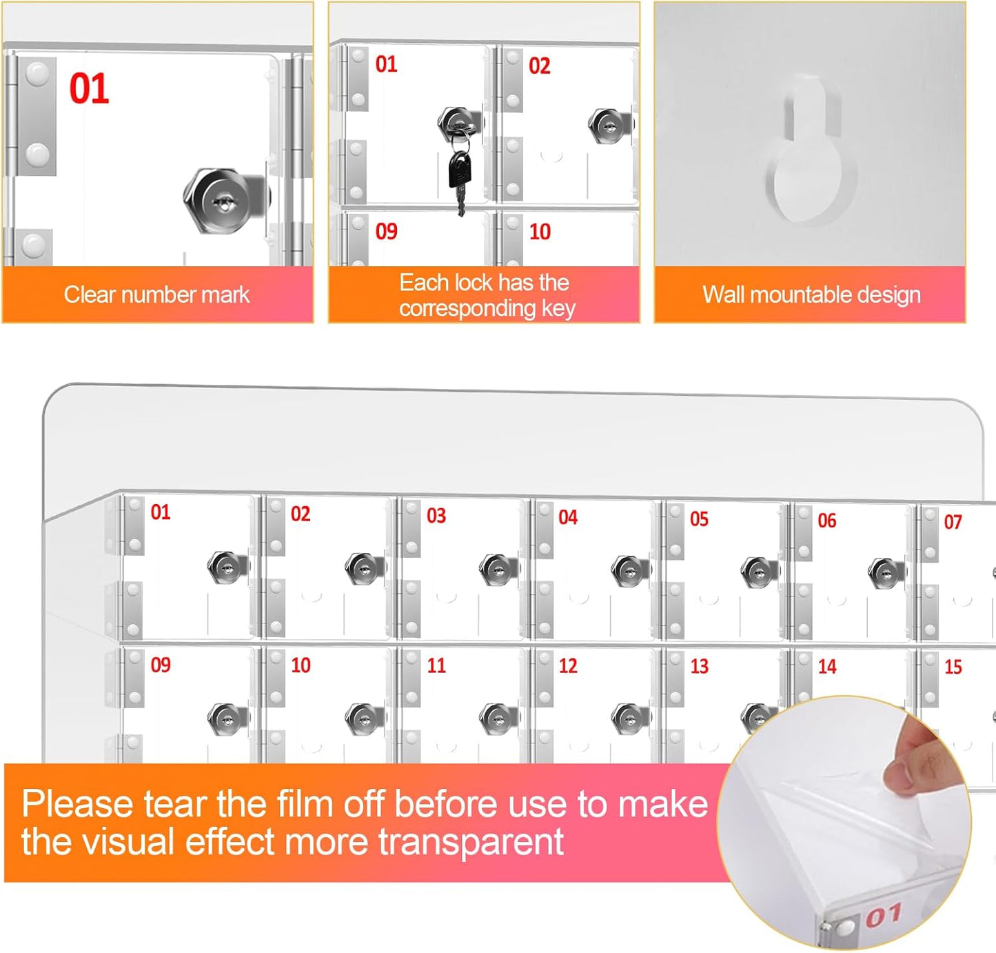 Cell Phone Locker 100 Slots, Wall-Mounted Cell Phone Lock Box with Keys, Acrylic Cell Phone Storage Locker for Office Classroom Gym, Clear Cell Phone Locker Cabinet for Storage (Large 40 Slots)