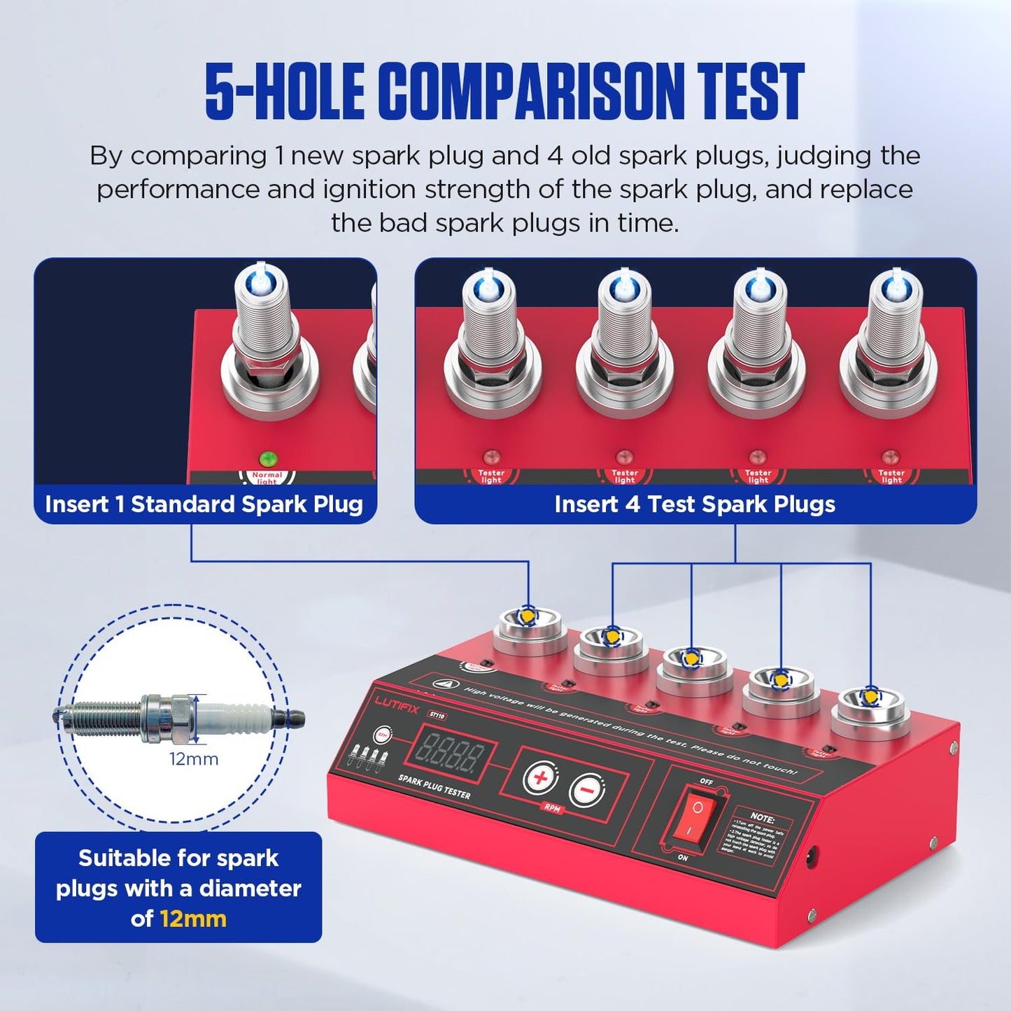 Spark Plug Tester Upgraded 5-Hole Spark Plug Tester Tool with Adjustable Frequency & Hole Height 200-9000rpm Car Engine Ignition Coil Tester Diagnostic Tool for 12V Gasoline Vehicles