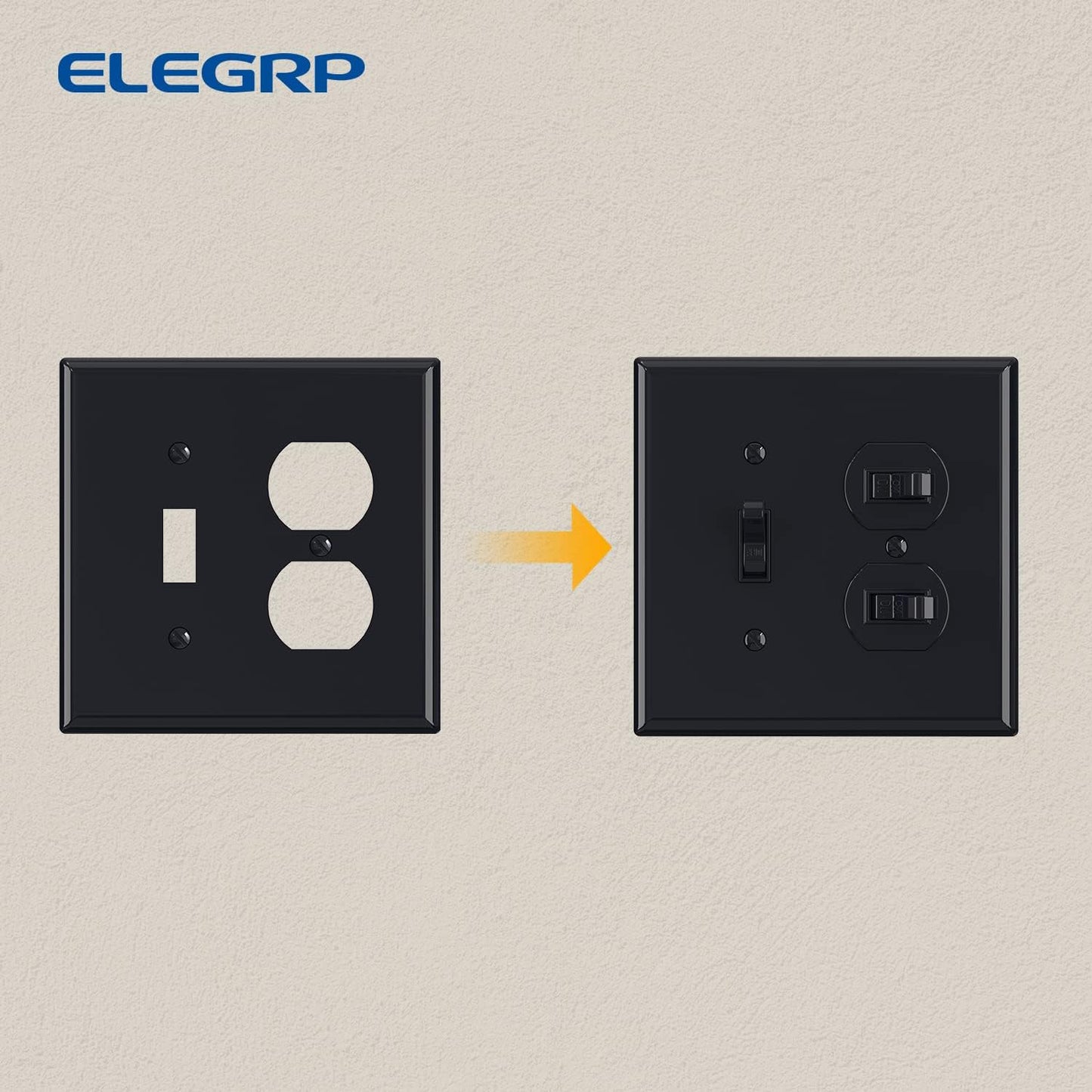 Combination Wall Plate ELEGRP 1-Toggle Light Switch 1-Duplex Receptacle Outlet Combination Wall Plate Cover, Mid-Size 4.88" x 4.94" Unbreakable Thermoplastic Faceplate Cover, UL Listed (1 Pack, black)