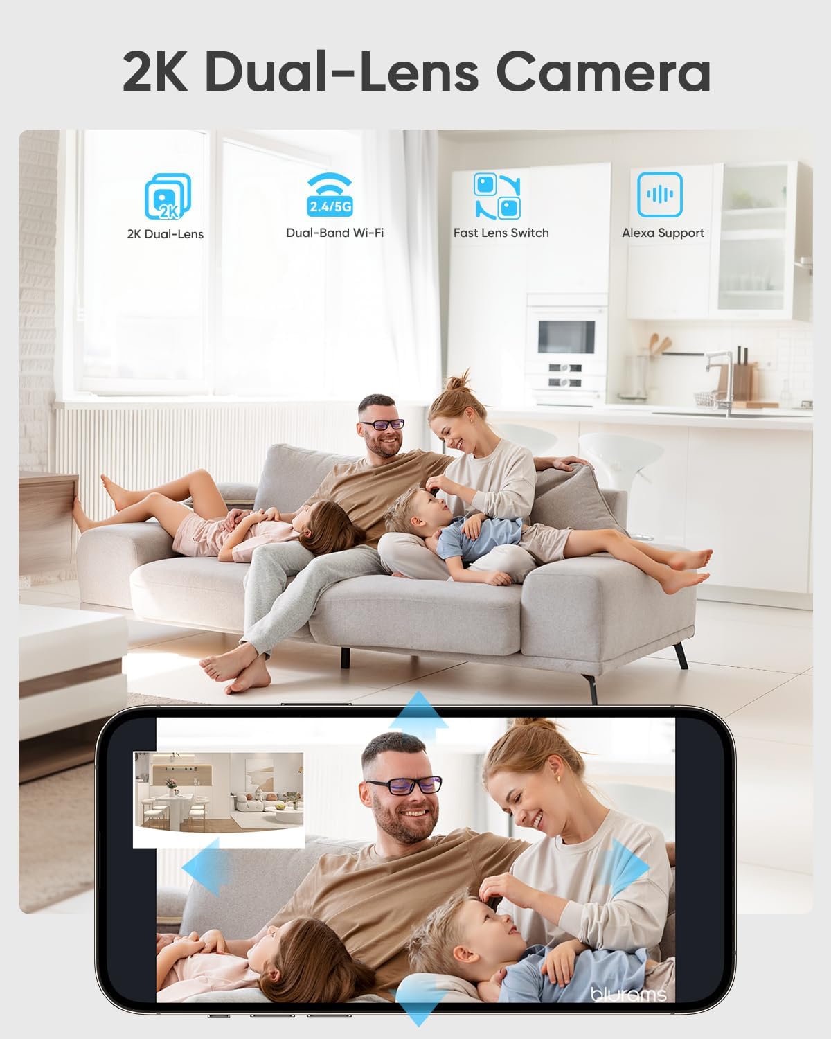 blurams 2K Dual-Lens Indoor Camera, 5G Pet Camera with Phone App, Split-Screen View, Free Human/Sound Detection, Motion Tracking, One-Touch Call, Night Vision, Dual-Band WiFi 6, Work with Alexa. 2Pack