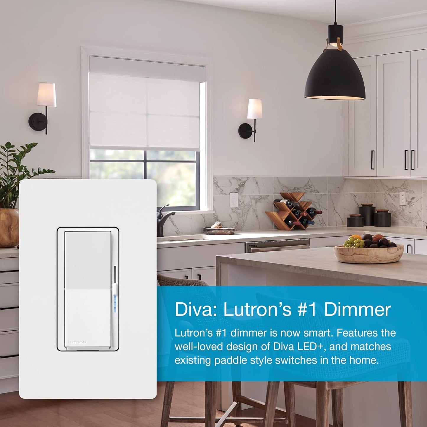 Lutron Diva Smart Dimmer Light Switch for Caseta Lighting (Lutron Smart Hub Required), for LED Lights, 150W, Single-Pole/3-Way, No Neutral, White, 2 Pack (DVRF-6LS-WH-2)