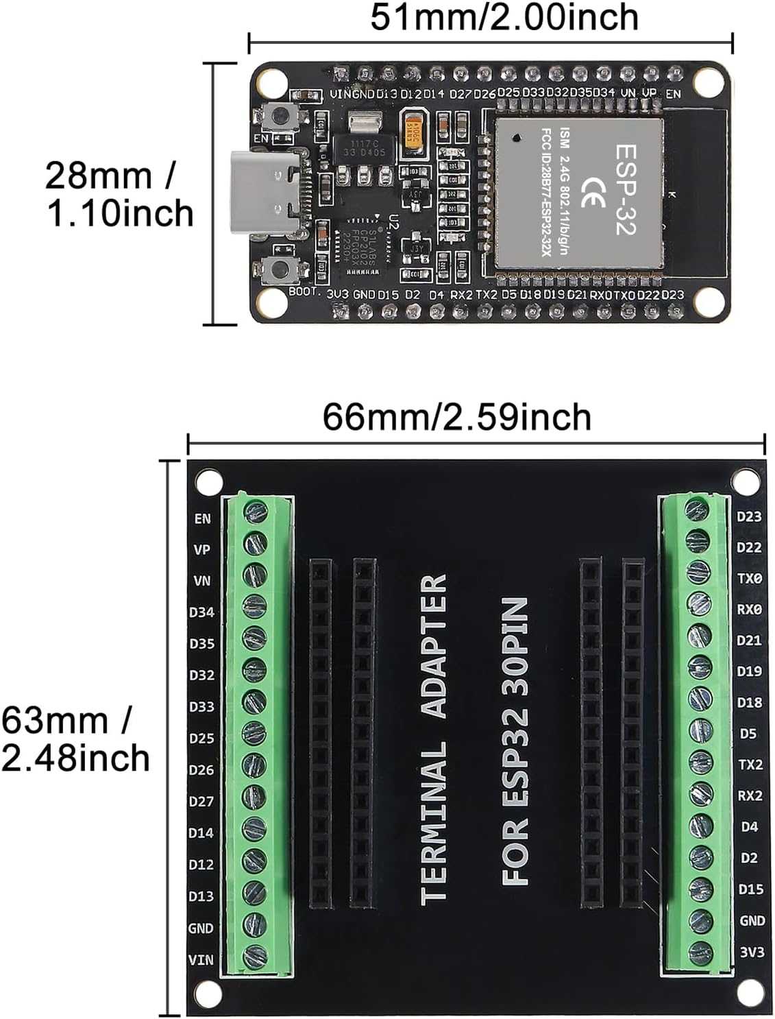 3Pcs ESP32 ESP32-WROOM-32 CP2102 TYPE C Development Board GPIO Breakout Board 30Pin Type-C USB Dual Interface ESP32 Shield 30P WIFI+Bluetooth Dual Core ESP-WROOM-32 ESP-32 ESP-32S Expansion Board