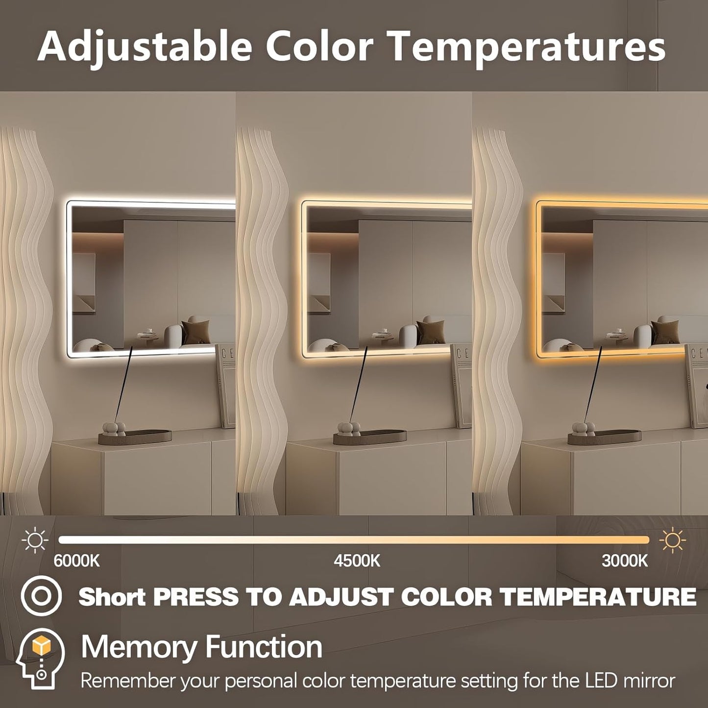 Niccy Led Mirror for Bathroom, 40"x24" Frameless Frontlit and Backlit Mirror for Wall Lighted Mirror with Bedroom 3 Color, Defogger, Explosion-Proof, HD Glass, IP65 Vanity Mirror Horizontal/Vertical