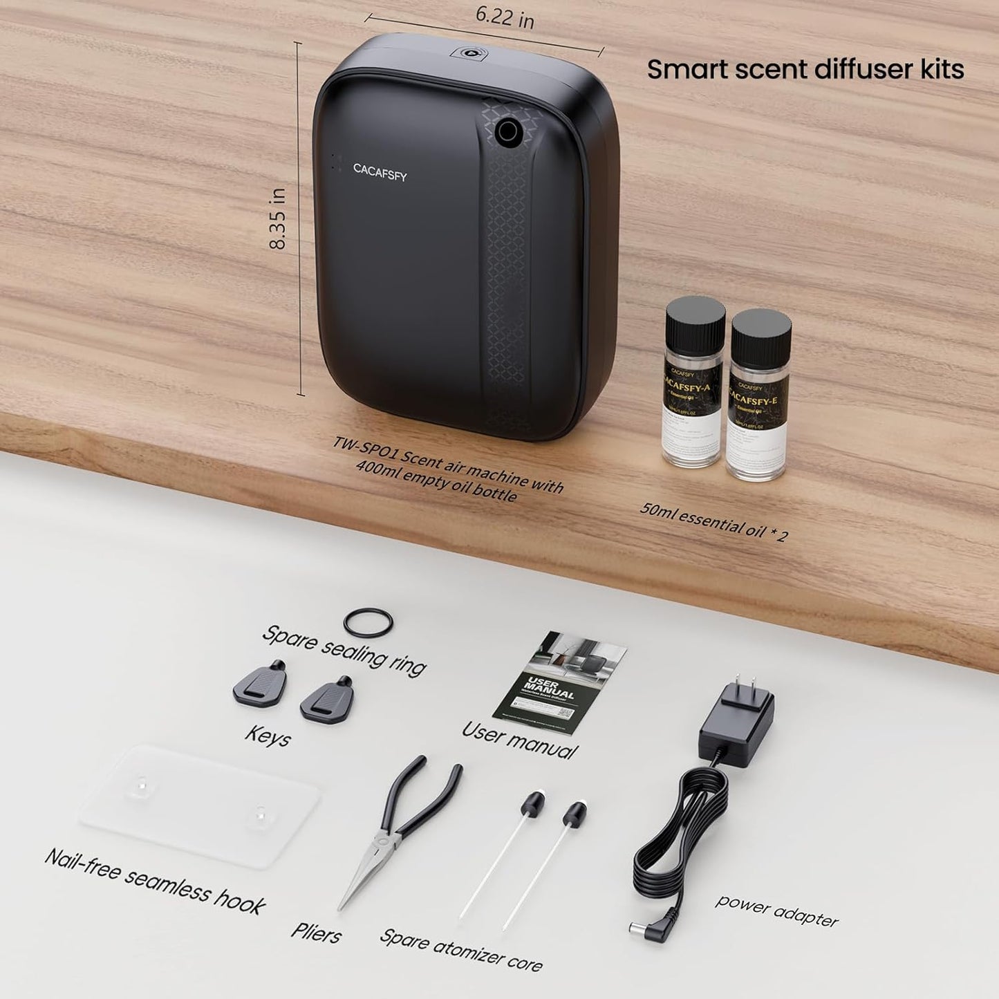 Waterless Essential Oil Diffuser,(2 * 50ml Fragrances Included) 3000 Sq.Ft Coverage 400ml Capacity Hotel Scent Diffuser,Cold Air Tech, App & Button Control,Scent Diffusers for Home Large Room (Black)