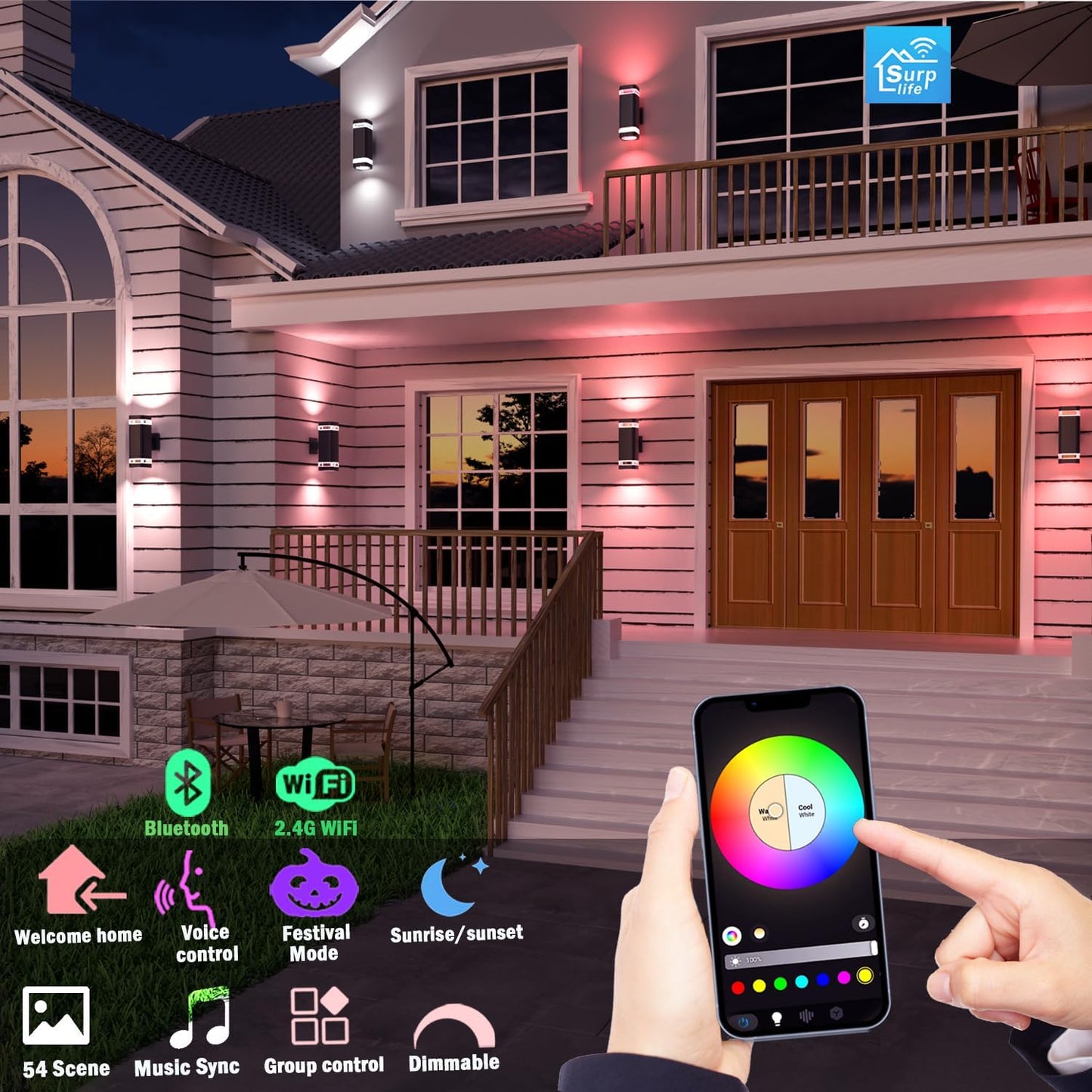 Smart WiFi Outdoor Wall Sconce Lights 2 Pack,Porch Lights RGB Color Changing App Control, Dimmable White Range of 2700K-6500K Up Down Exterior Wall Lights for House,Works with Alexa Google Assistant