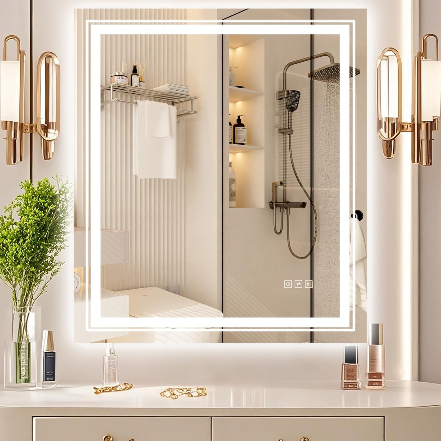 28x32 LED Mirror for Bathroom with Front and Backlit Light Up Digital Mirrors for Wall,Anti Fog,Stepless Dimmable,Tempered Silver Glass Smart Vanity Mirror for Bathroom