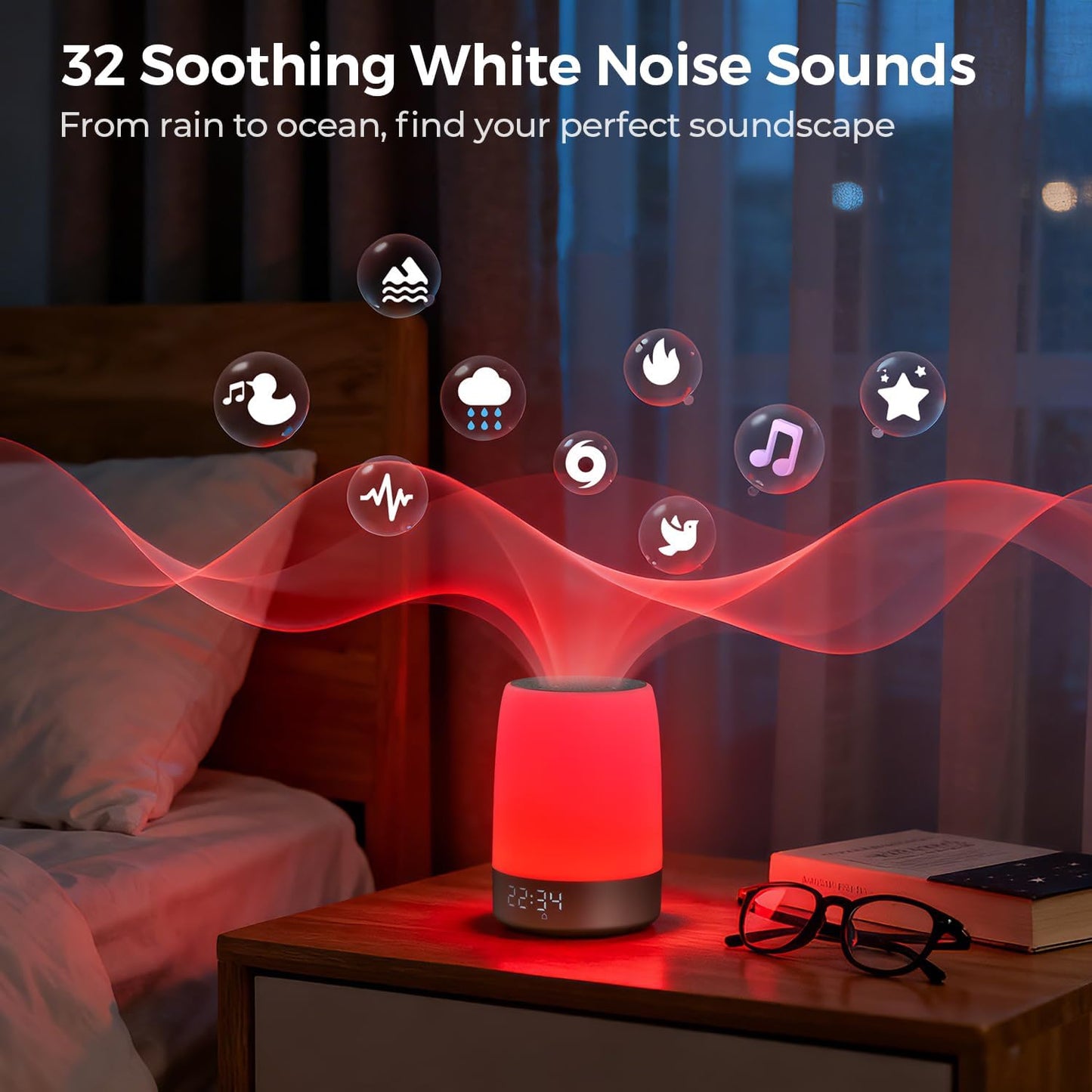 Smart Red Light Therapy Lamp & Sleep Sound Machine for Bedroom with Alarm Clock, Night Light with App Control, 5-Level Red Light (620–690nm), 32 White Noises, Custom Timer, 2600mAh Battery, 7 Alarms