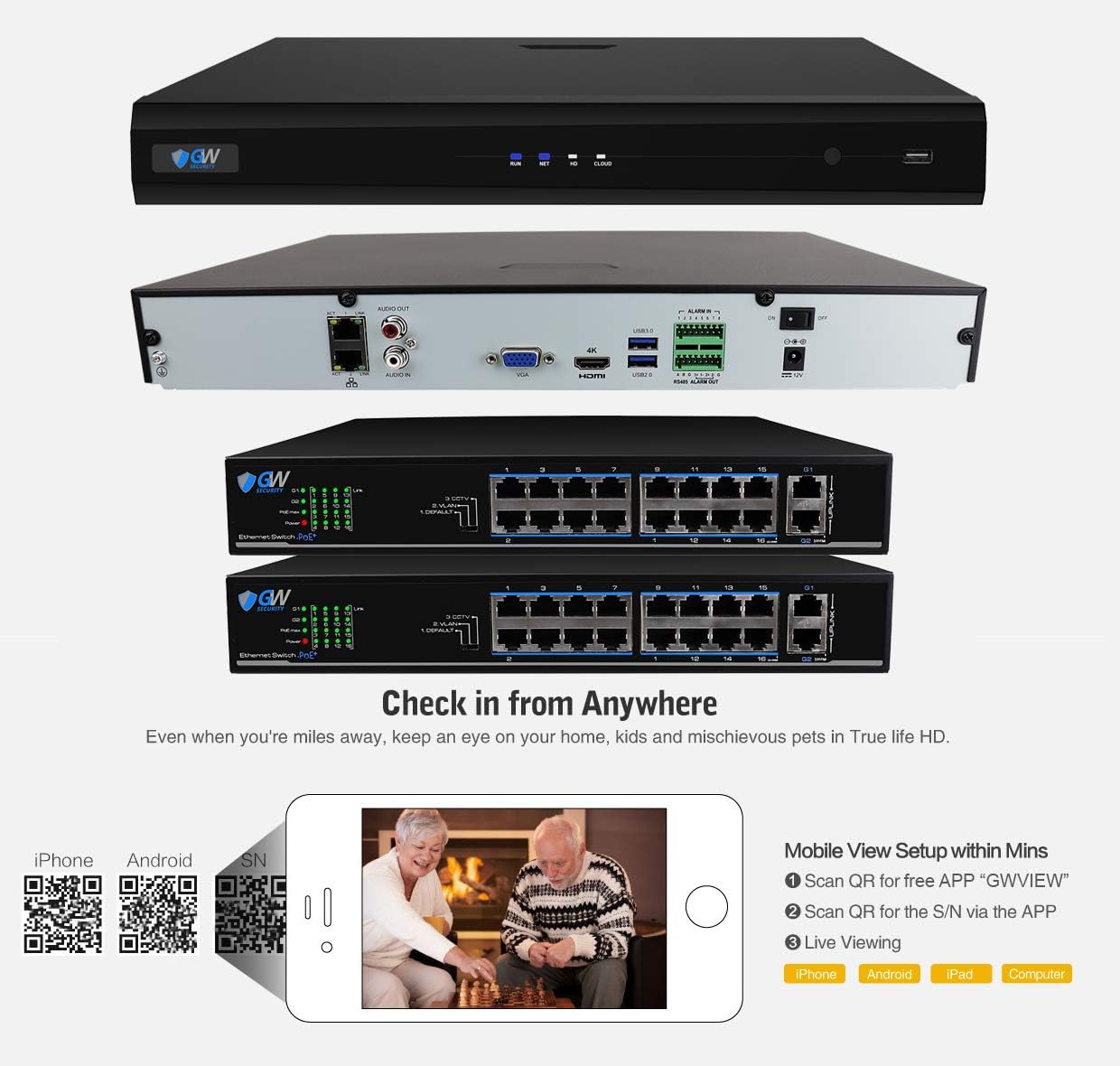 GW Security 32 Channel 8MP Fulltime Color Night Vision 4K NVR Security Camera System with 32 UltraHD 4K Two-Way Audio Outdoor/Indoor Smart AI Face Recognition Human Vehicle Detection PoE Dome Cameras