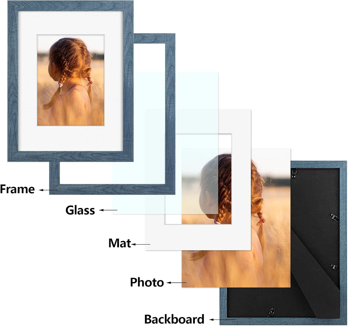 Golden State Art, 9x12 Picture Frame with Mat for 6x8 - High Definition Glass Wall Mounting Horizontal Vertical Display (Blue, 2 Pack)