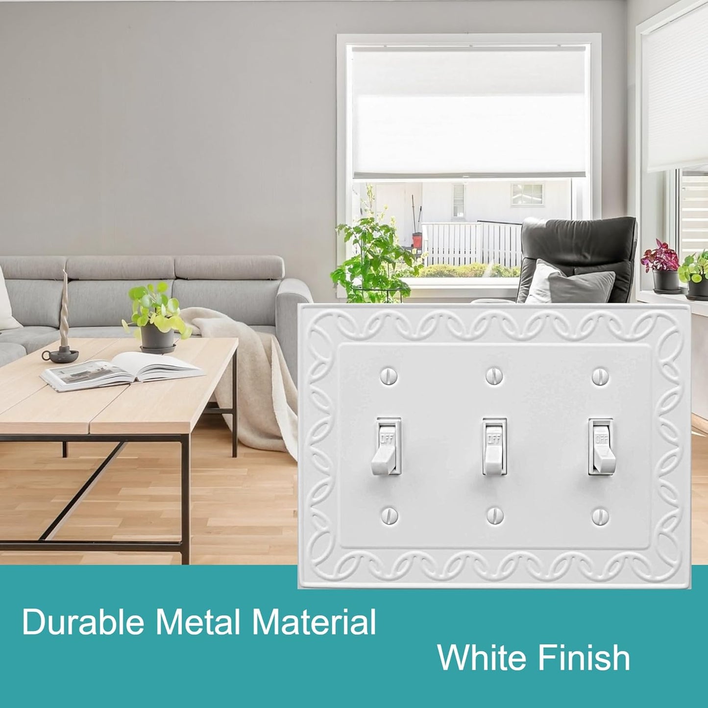 Triple Toggle Light Switch Cover NovaBloom Metal Wall Plate, 2-Pack White 3 Gang, Light Switch Cover Decorative Wallplate, Durable