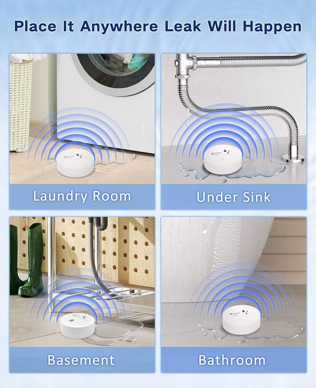 Geevon 8 Pack Water Leak Detectors, 100dB Water Sensor Alarms Flood Detector for Basements, Bathrooms, Laundry Rooms, Kitchens, Garages, and Attics, Water Alarms Battery-Operated (Battery Included)