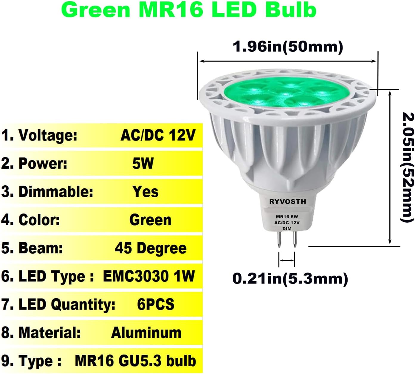 6-Pack MR16 Green Led Bulbs 5W Replace 35W 50W Halogen Equivalent,12V Low Voltage MR16 GU5.3 Green Color Bulb Spotlights for Outdoor Landscape Flood Track Lighting, Dimmable,45 Deg