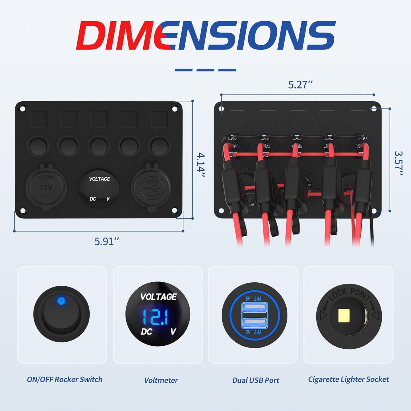 5 Gang Rocker Switch Panel UL Listed 12 Volt ON-Off Switch Panel Blue LED with Inline Fuse & 4.8A USB Charger Socket & Digital Voltmeter & 12V Cigarette Lighter Socket for Marine Boat Car