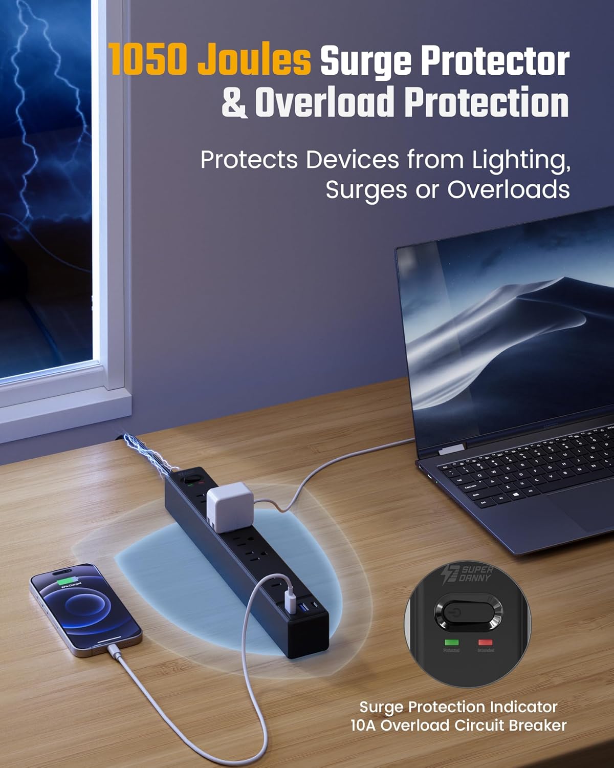 10Ft Extension Cord with Multiple Outlets, SUPERDANNY Flat Plug Surge Protector Power Strip with 3 USB Ports & 6 Outlets, 10 Ft Long Cord, Black Charging Station for Home Office, Dorm Room Essentials