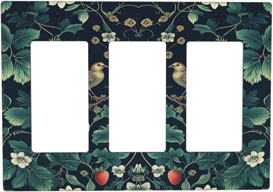 Light Switch Covers Strawberry Birds Flowers Plant Morris Floral 3 Gang Rocker Electrical GFCI Decorative Triple Outlet Wall Plate Cover Switchplate for Bedroom Farmhouse Decor