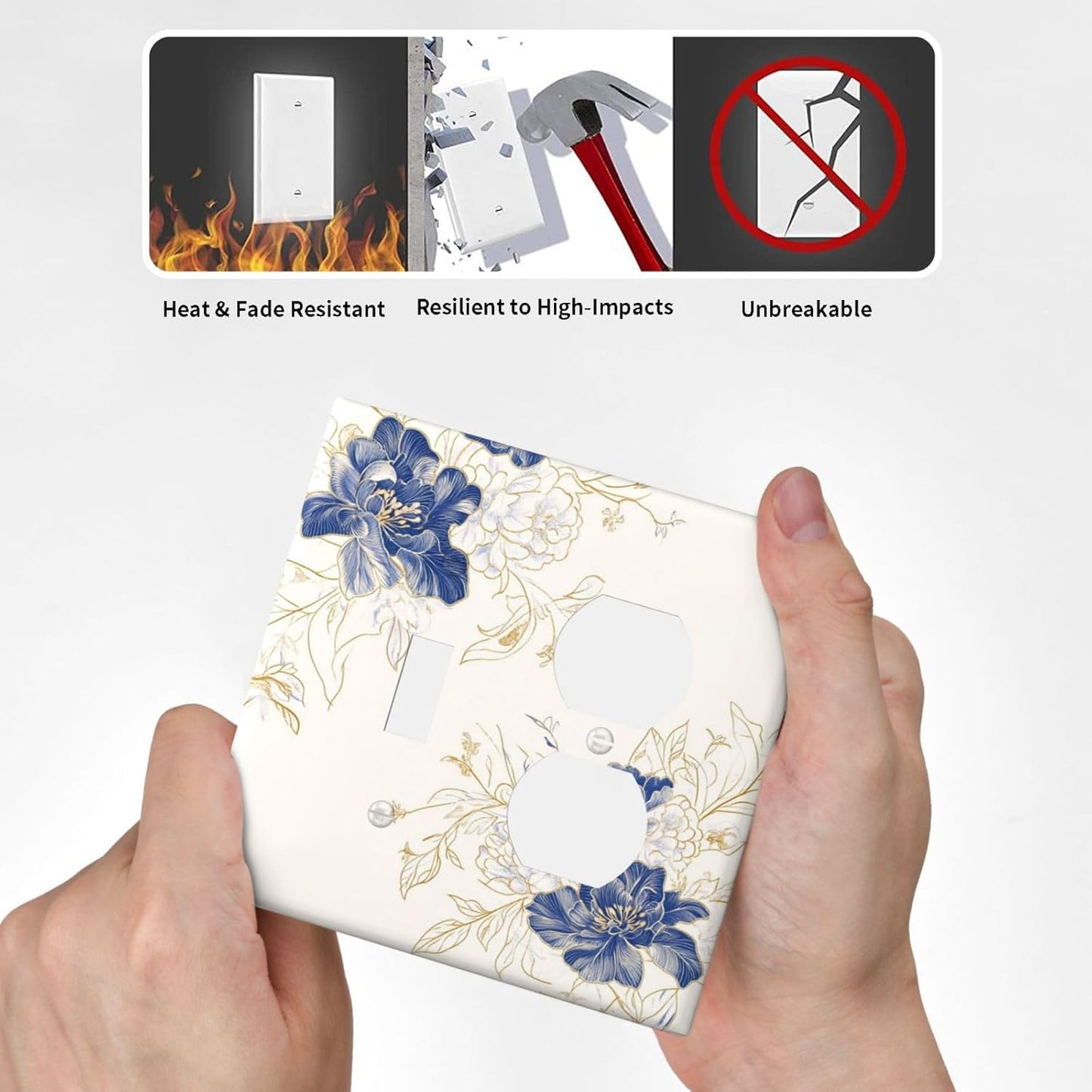 Decorative Outlet Covers Rustic Blue Flower Floral Gold Leaf 2 Gang Light Switch Cover Plate Single Toggle Duplex Wall Plates for Electrical Outlets Switch Plate Covers for Home Decor