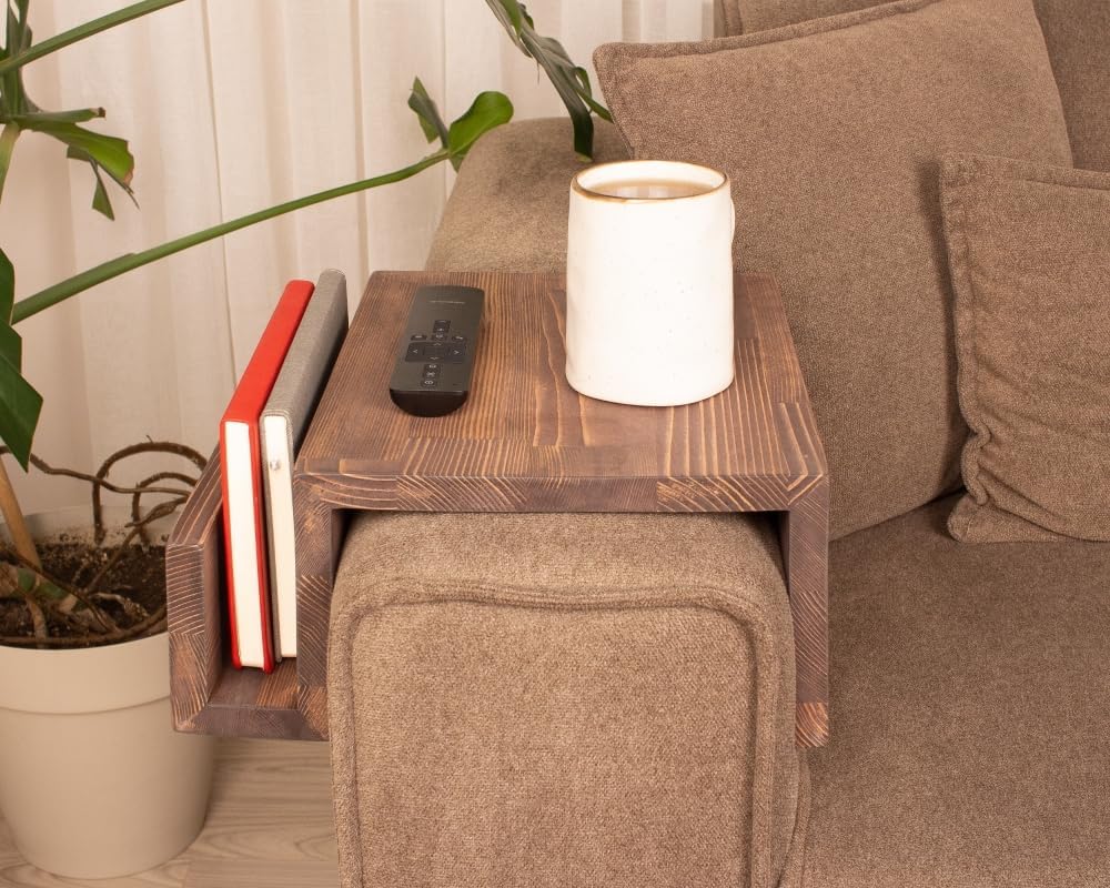 Wooden Couch Arm Tray – Sofa Armrest Table with Book & Magazine Holder, Perfect for Coffee & Remote Control, Solid Wood (London)