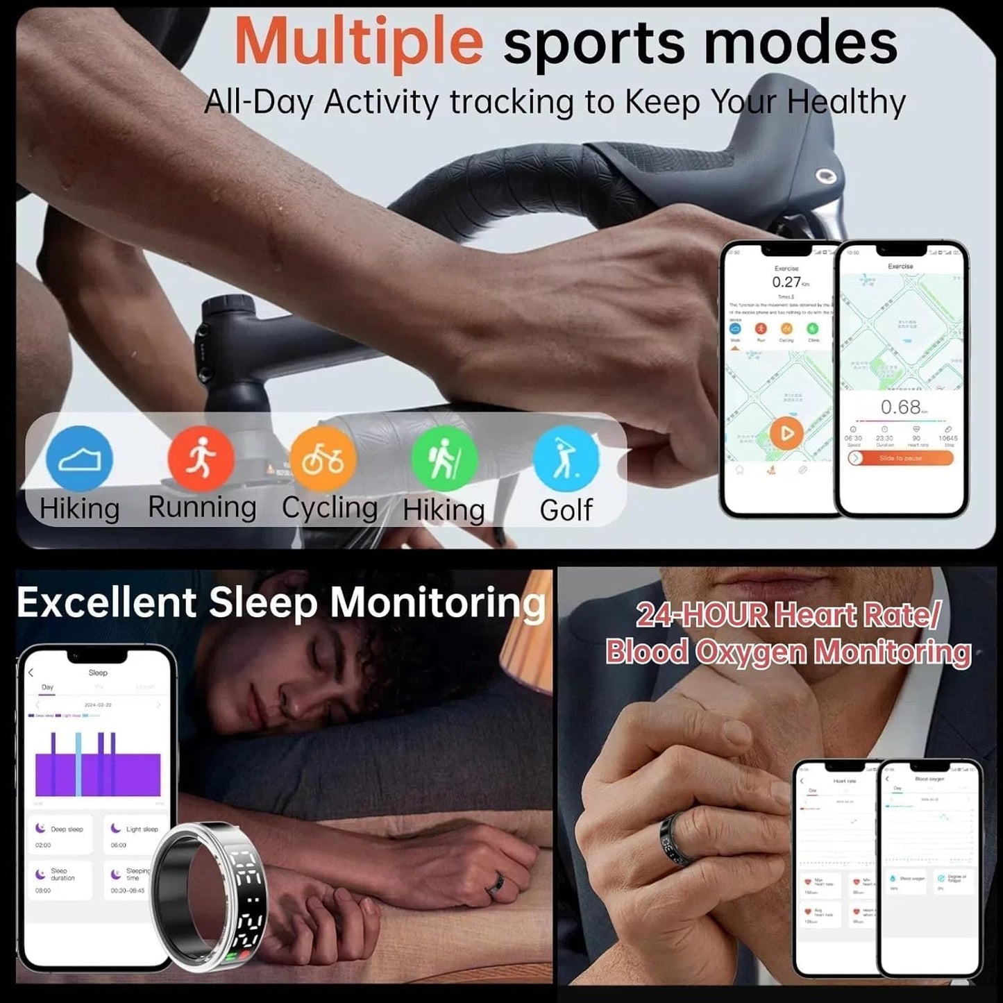 Smart Ring Health with LED Display Screen, Activity Tracker/Heart Rate/SpO2/Sleep/Step, Bluetooth Connection Smart Rings for Women Men, IP68 Waterproof Smart Ring for iPhone & Android (Black, 10)