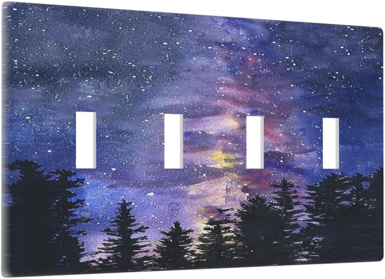 Light Switch Covers Dream Milky Way Starry Forest Pine Watercolor Painting Quad Toggle 4 Gang Wall Plate Electrical Faceplate Decorative Switch Plates for Bedroom Home Decor