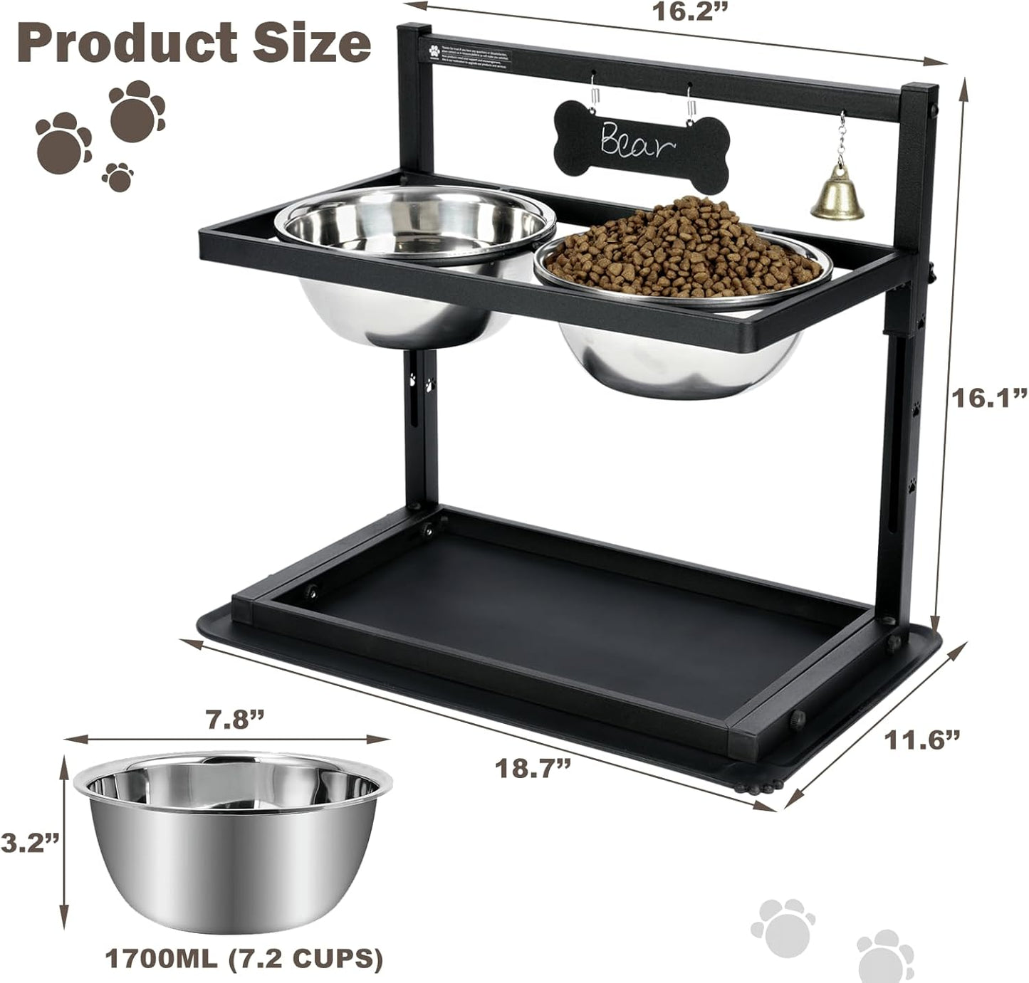 Elevated Dog Bowls with Slow Feeder for Large and Medium Dogs, Adjustable Height Raised Dog Bowl Stand with 2 Stainless Steel Bowls and Spill-Proof Mat, Dog Feeder for Healthy Eating (Grey)